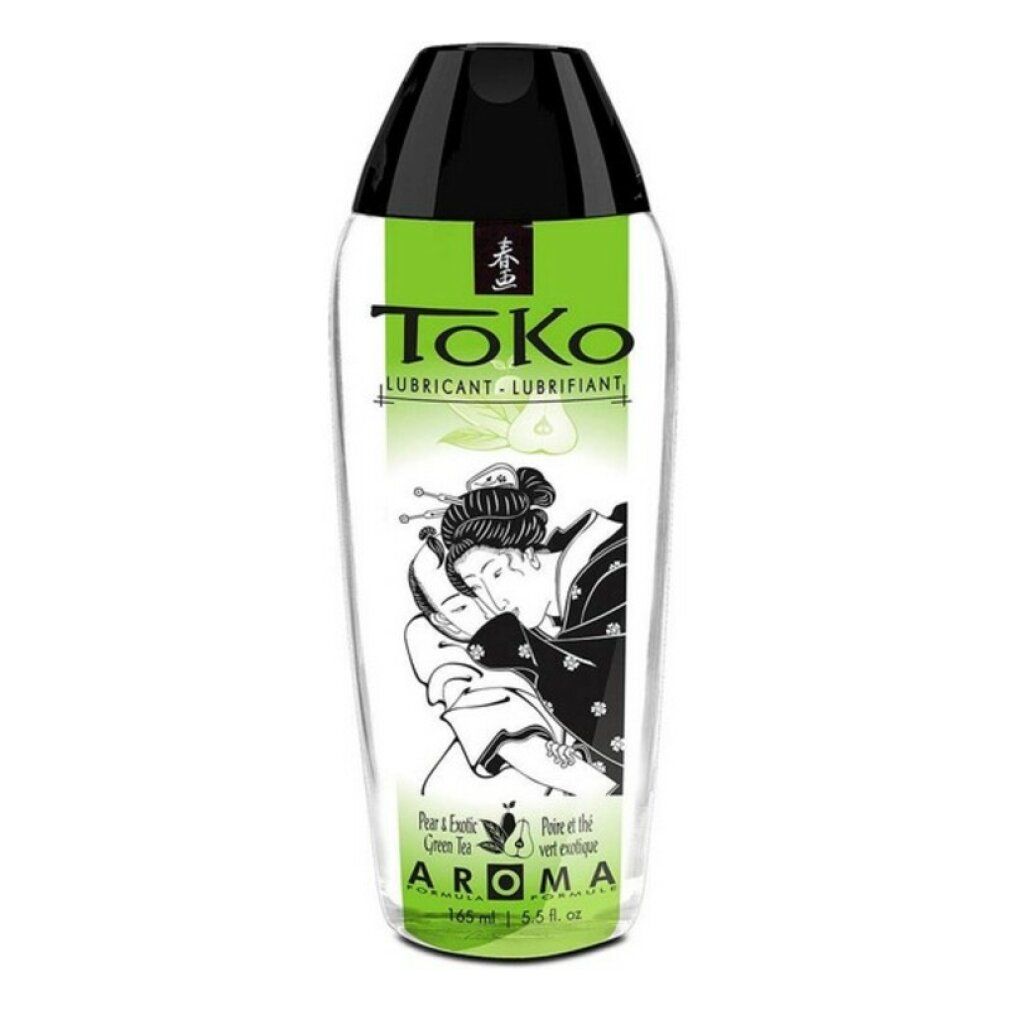 Toko Aroma Gleitmittel mit Birne & exotischem Grüntee. Transparente Flasche mit schwarzem Verschluss.