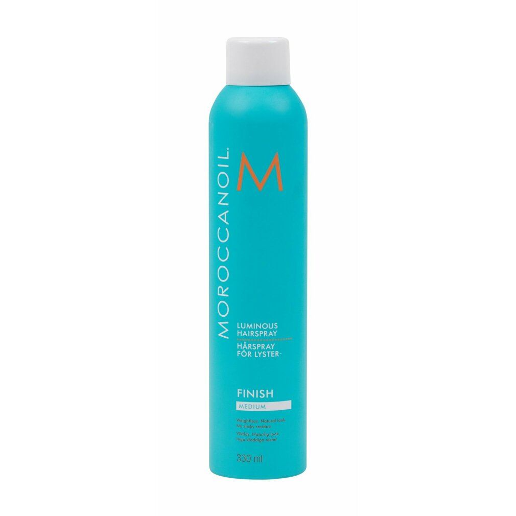 Türkisgrüne Haarspray-Flasche mit weißem Deckel. Aufschrift: Moroccanoil, Luminous Hairspray, Finish Medium.