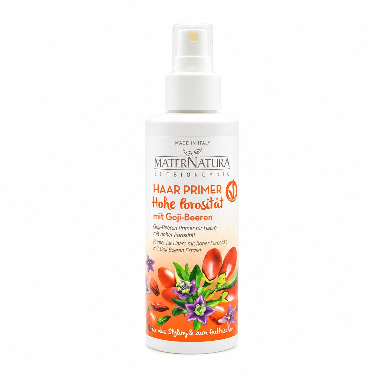 Maternatura Haar Primer mit Goji-Beeren. Weißer Sprühflakon mit orangefarbenem Etikett, gehalten von einer Hand.