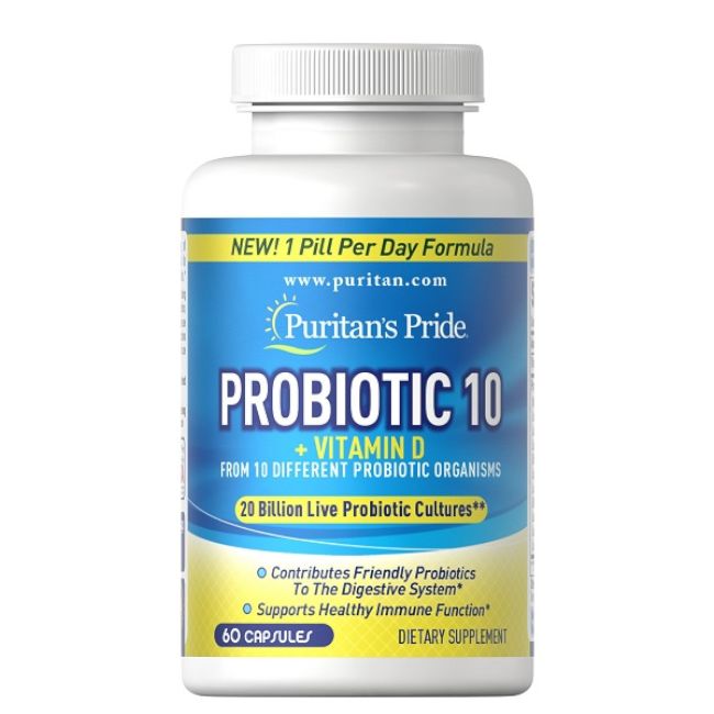 Weiße Flasche mit blauem Etikett. Aufschrift: Puritan's Pride PROBIOTIC 10 + Vitamin D. 60 Kapseln. Nahrungsergänzungsmittel.