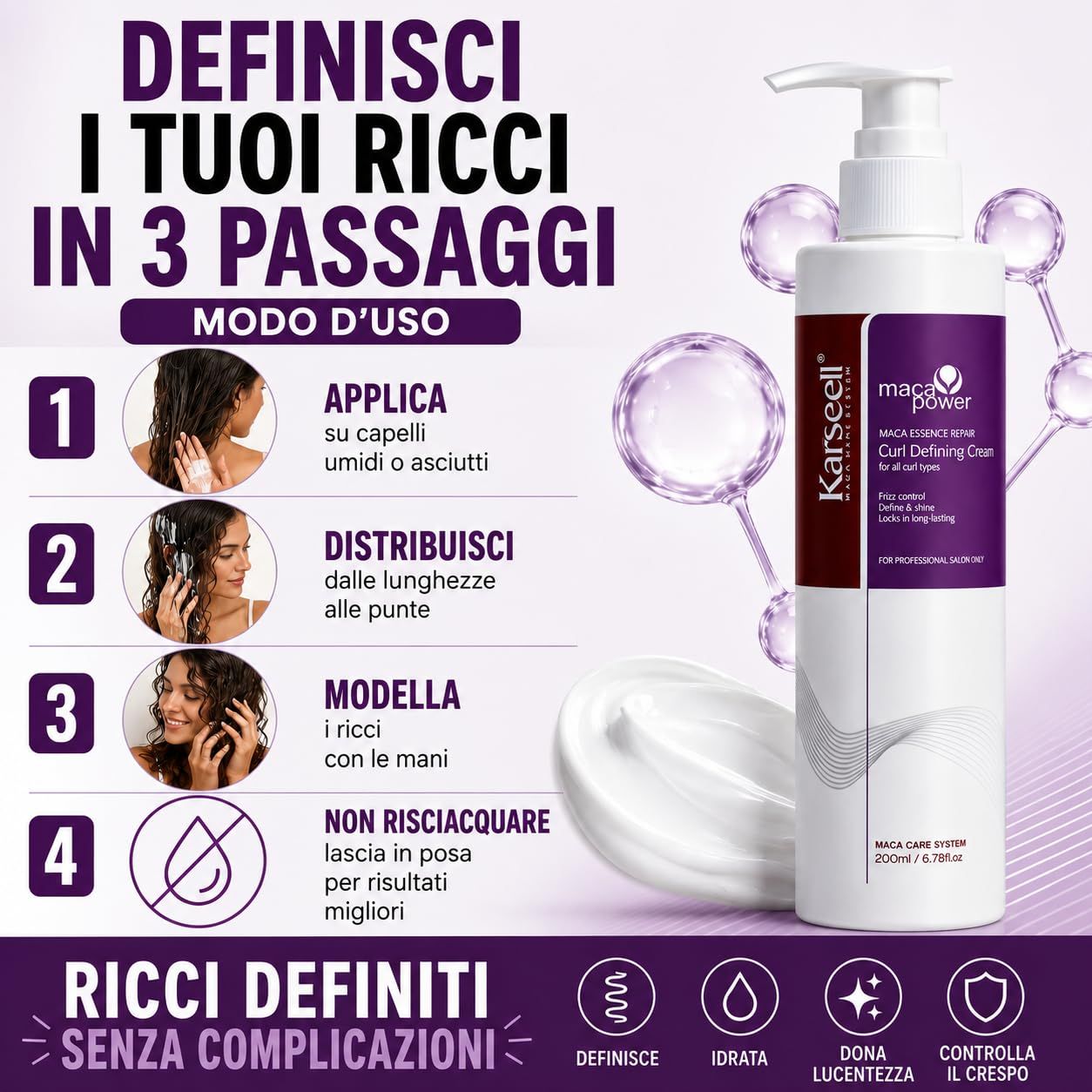 Flasche mit Pumpspender für Locken definierendes Haarprodukt von Karseell Maca Power, 200ml.