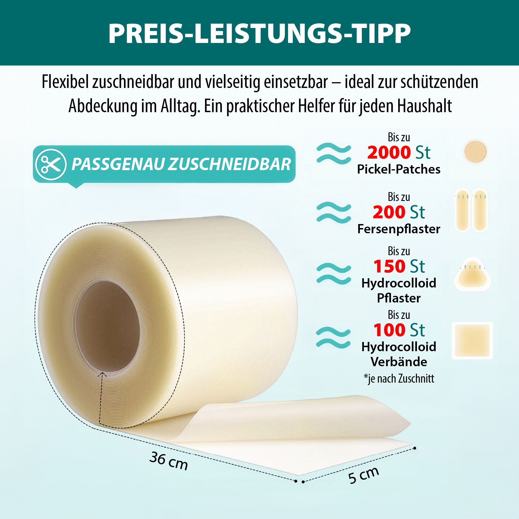 Hydrokolloid Pflaster Rolle. Flexibel zuschneidbar, bis zu 2000 Pickel-Patches, 200 Fersenpflaster, 150 Hydrokolloid Pflaster.