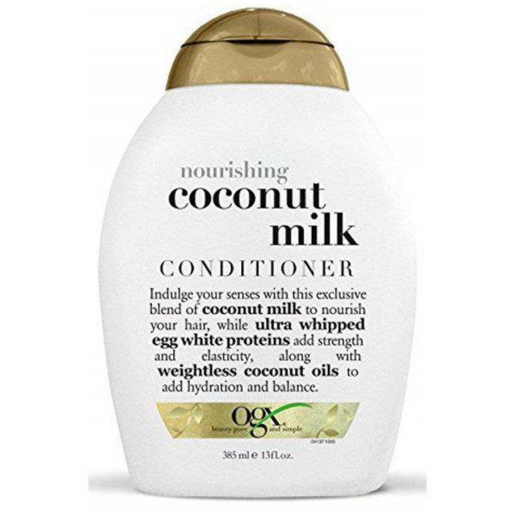 Weiße Flasche mit goldfarbenem Deckel. Aufschrift: "coconut milk CONDITIONER". Enthält 385 ml. Marke: OGX.