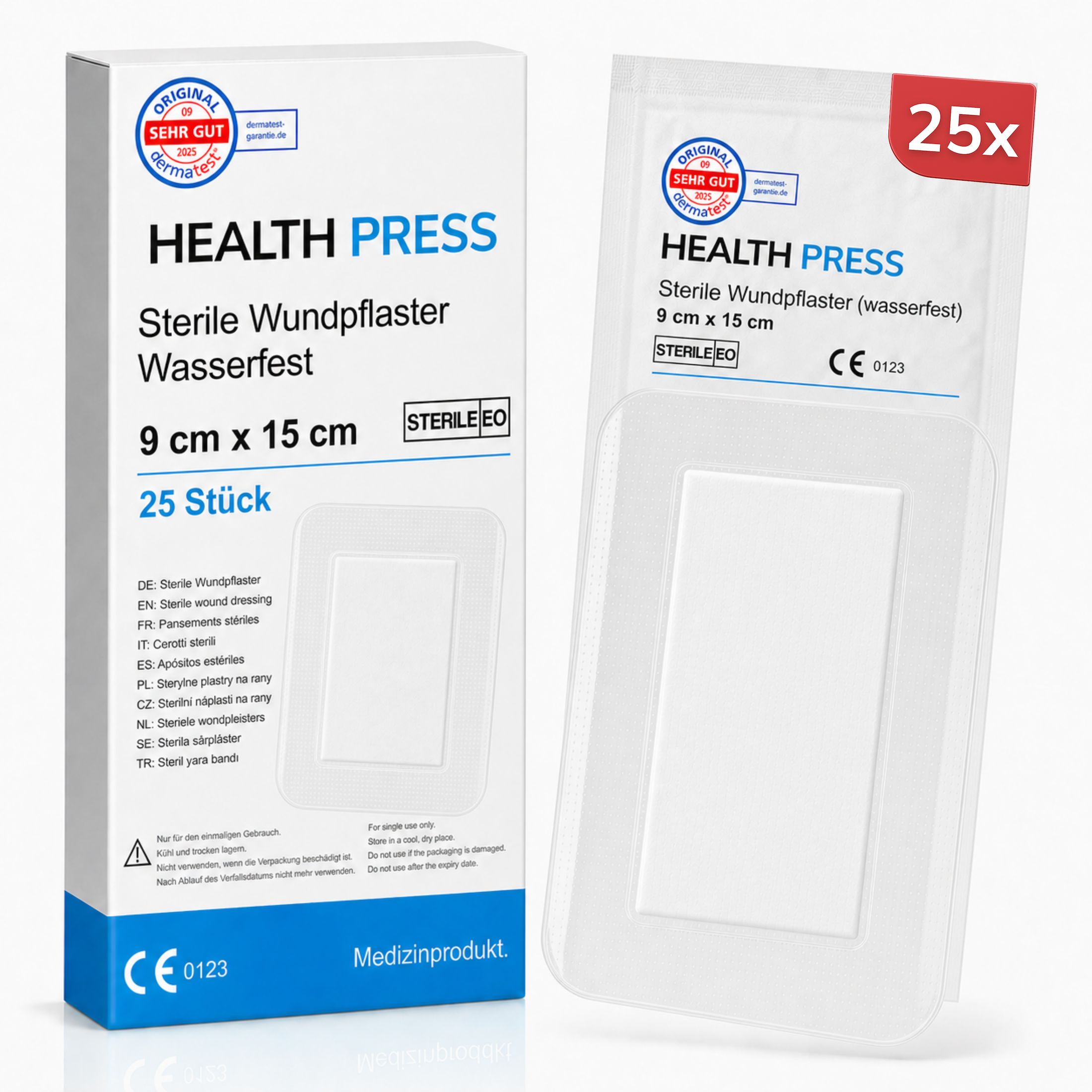 Verpackung und Einzelpackung von Health Press sterilen, wasserfesten Wundpflastern, 9x15 cm, 25 Stück.