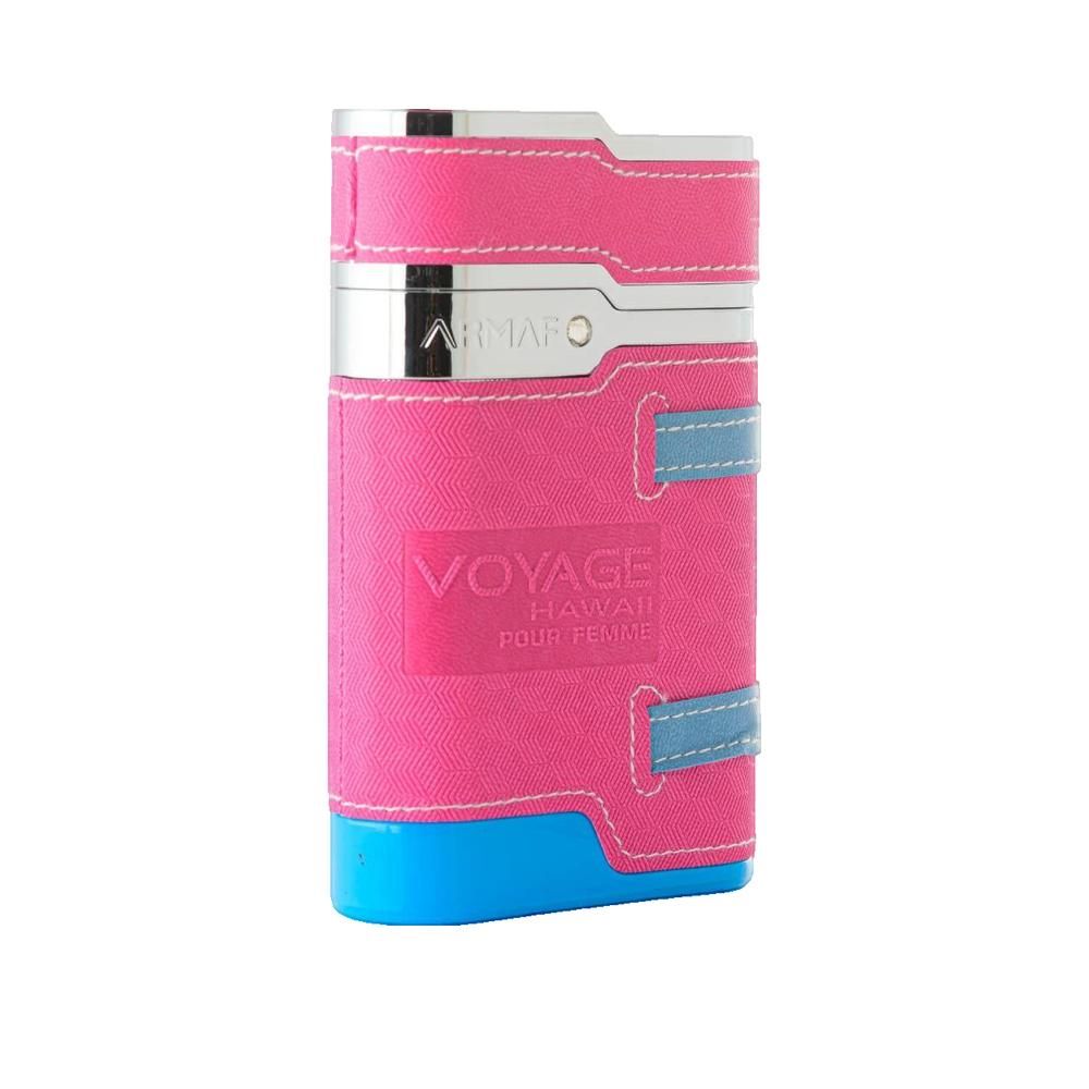 Rosa Flakon mit silbernen Akzenten und blauen Details. Aufschrift: Voyage Hawaii Pour Femme.