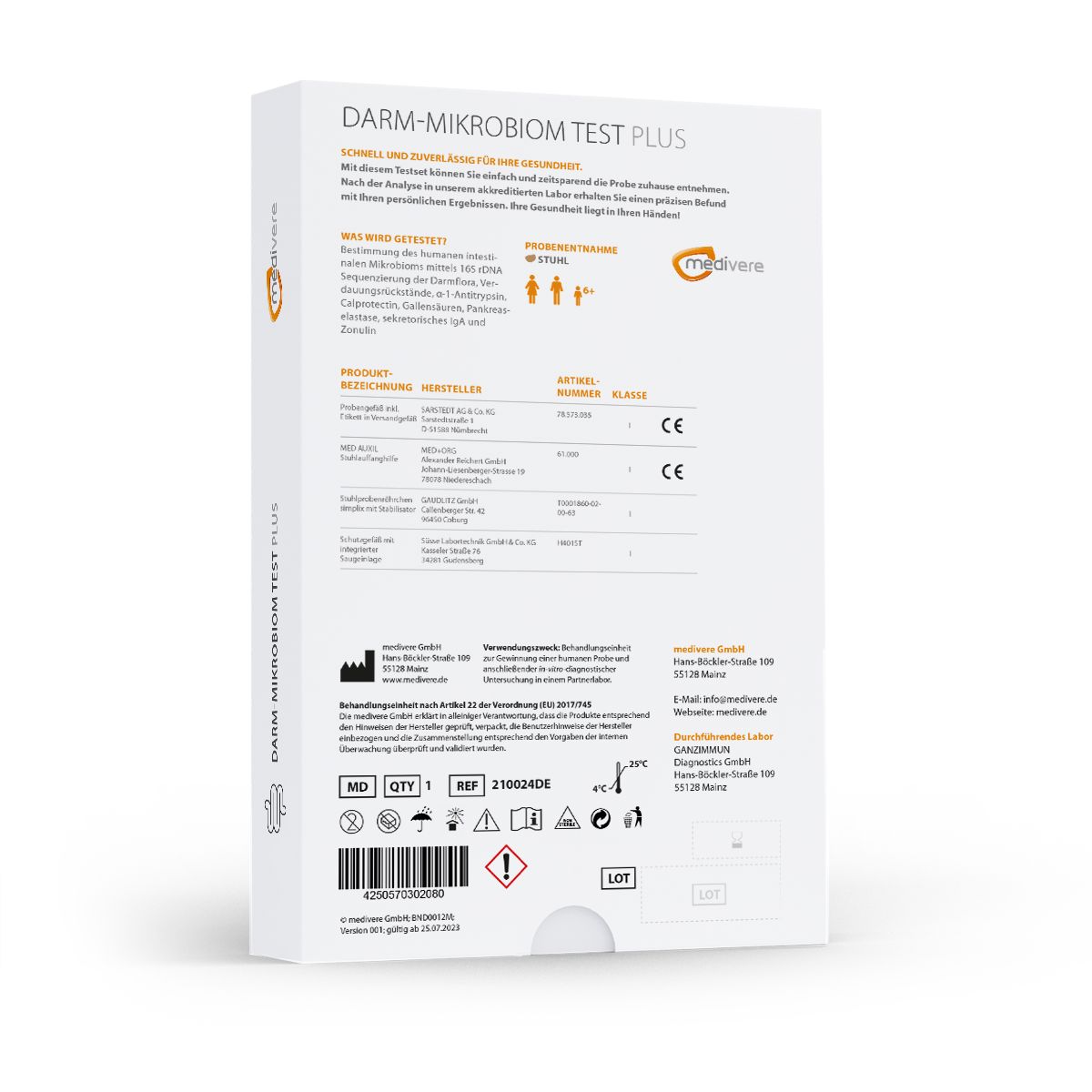 Rückseite der Produktverpackung mit Text und Logos. Informationen zu Inhaltsstoffen, Hersteller und Zertifizierungen.