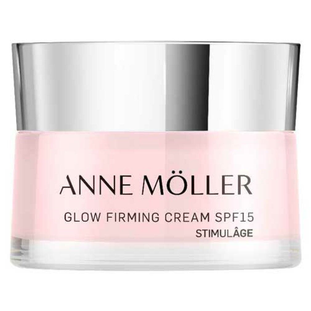 Creme-Tiegel mit silbernem Deckel. Aufschrift: ANNE MÖLLER, Glow Firming Cream SPF15, Stimulâge.
