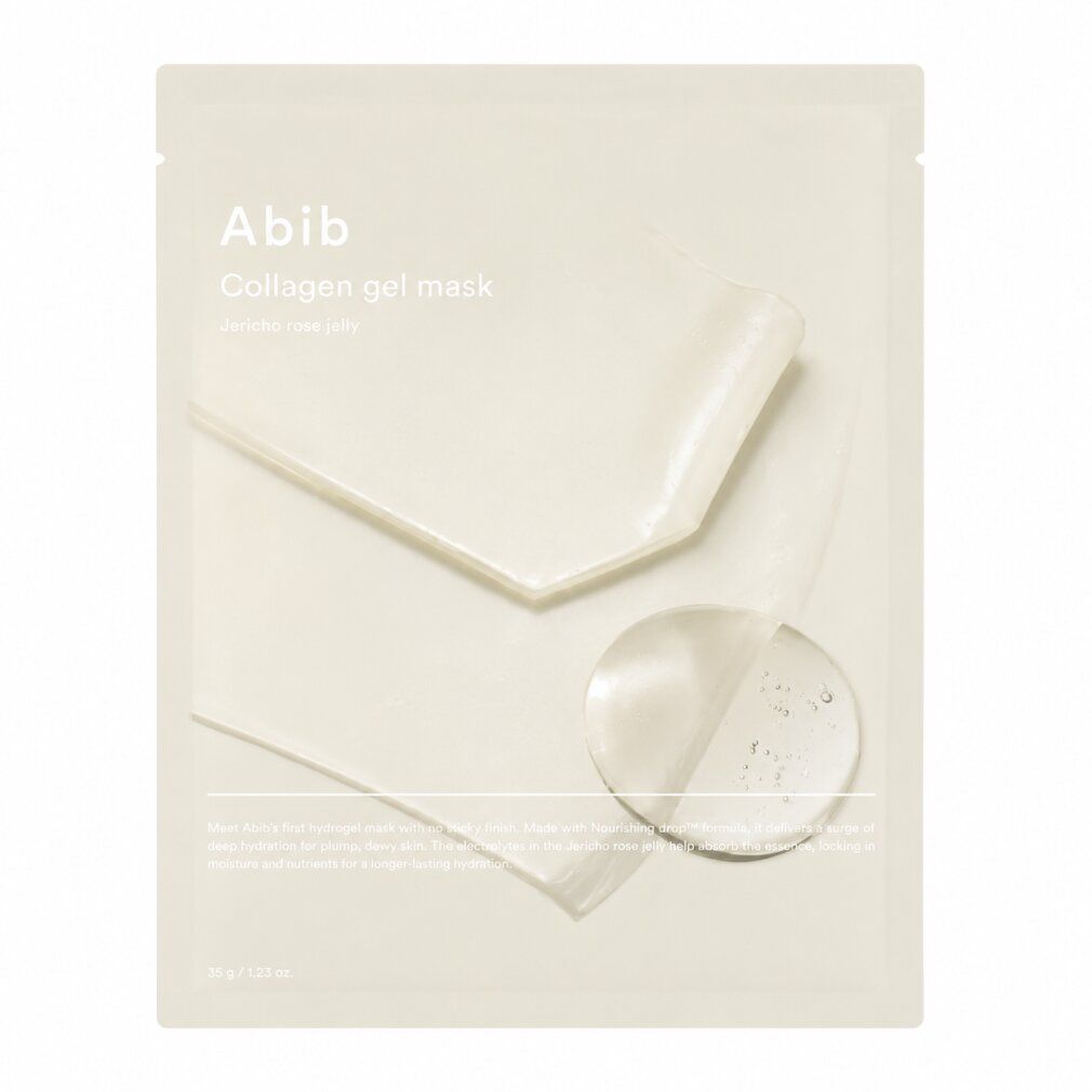 Abib Collagen Gel Mask Verpackung mit Gel-Tropfen und Schichten.