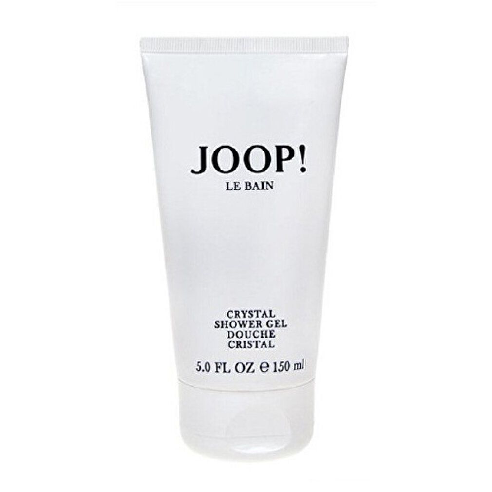 Joop! Le Bain Crystal Shower Gel-Tube. Weiße Tube mit schwarzem Schriftzug. JOOP! und Produktbezeichnung.