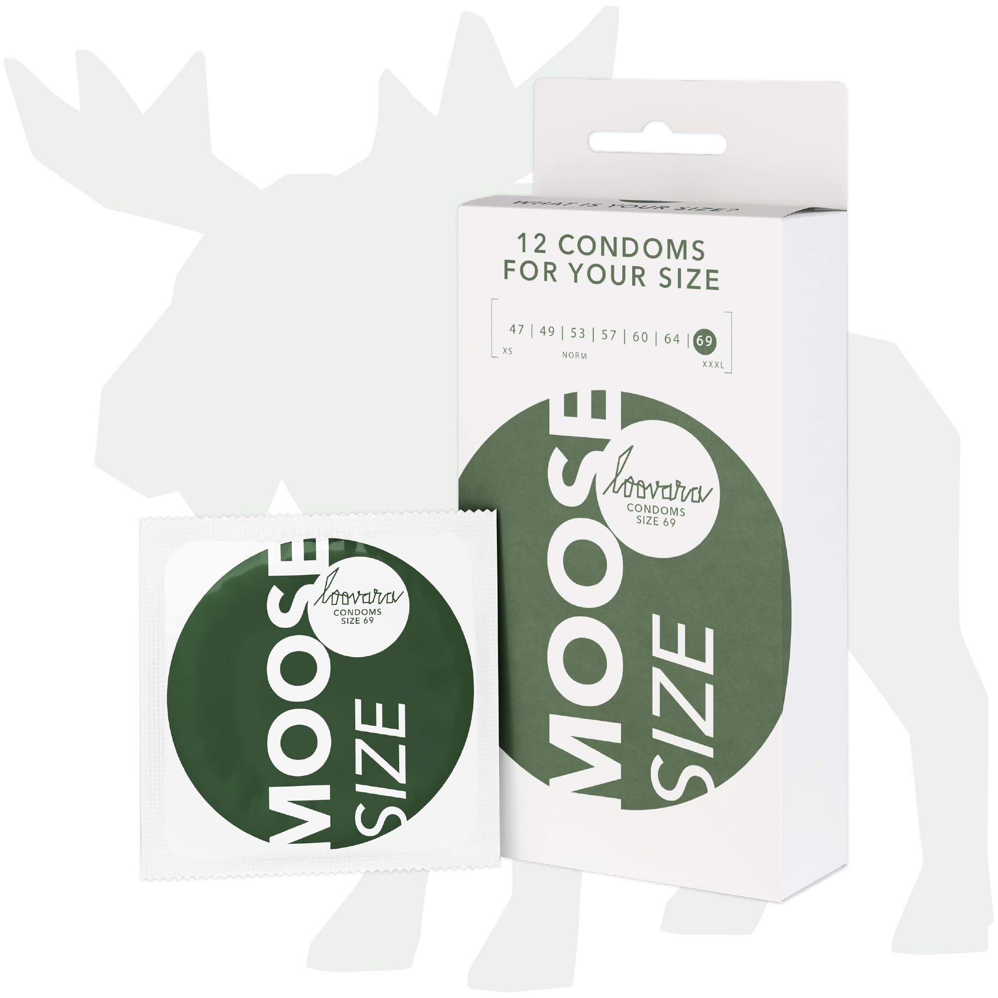 Loovara Moose Kondompackung (12 Stück) und einzelnes Kondom, Größe 69.