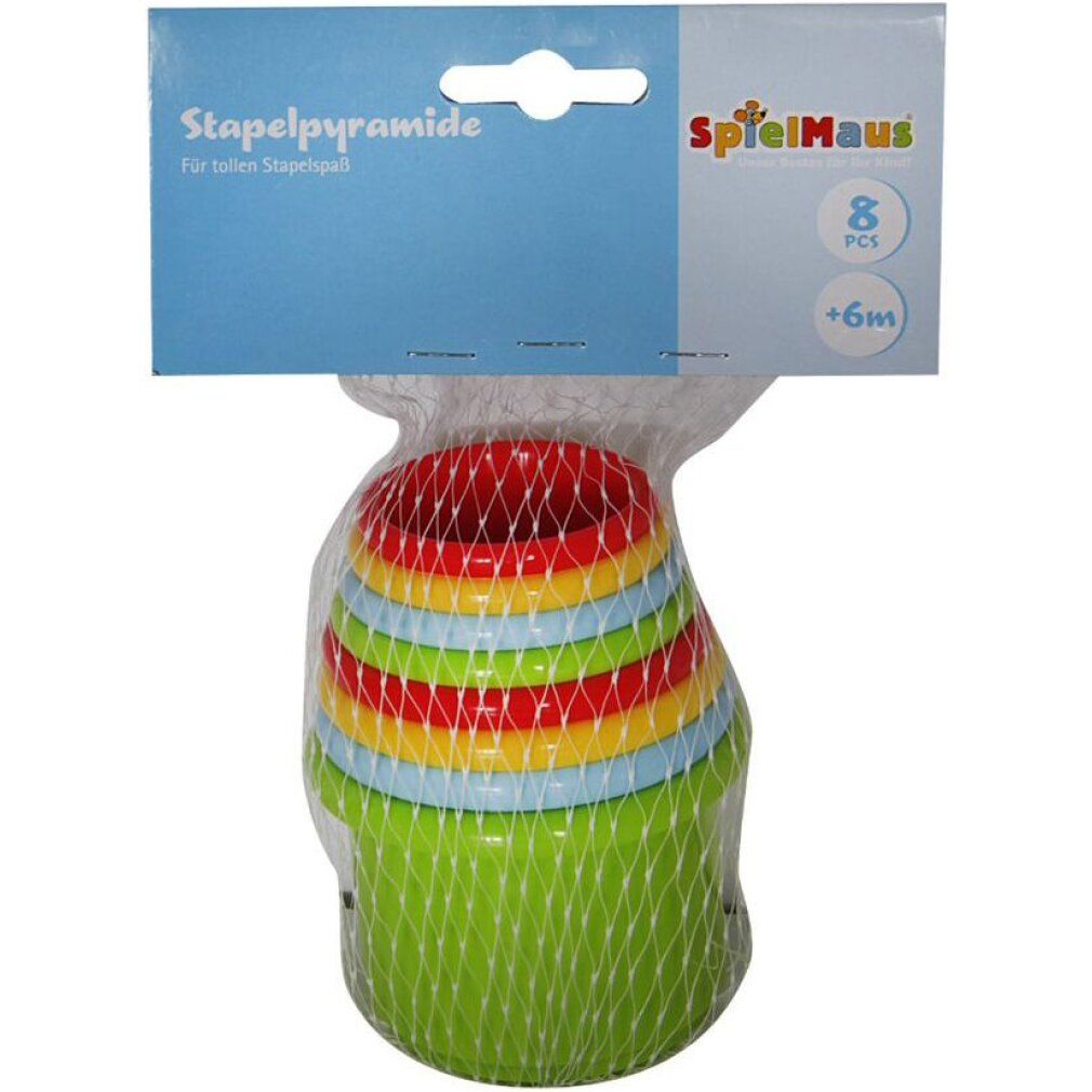 Stapelpyramide in Netzverpackung. Enthält 8 farbige Becher. Auf der Verpackung steht "SpielMaus" und "+6m".