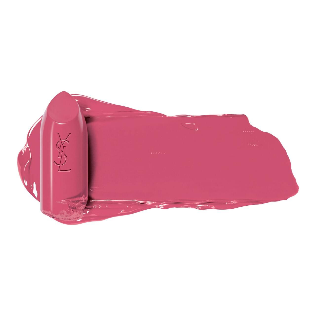 Ein rosa Lippenstift mit YSL-Logo auf dem Stift, neben einem Farbmuster.