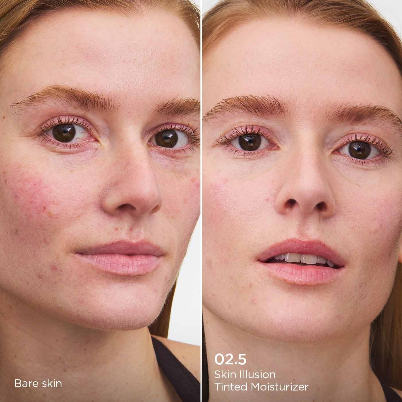 Gesicht vor und nach Anwendung. Text: Bare skin, 02.5 Skin Illusion Tinted Moisturizer.