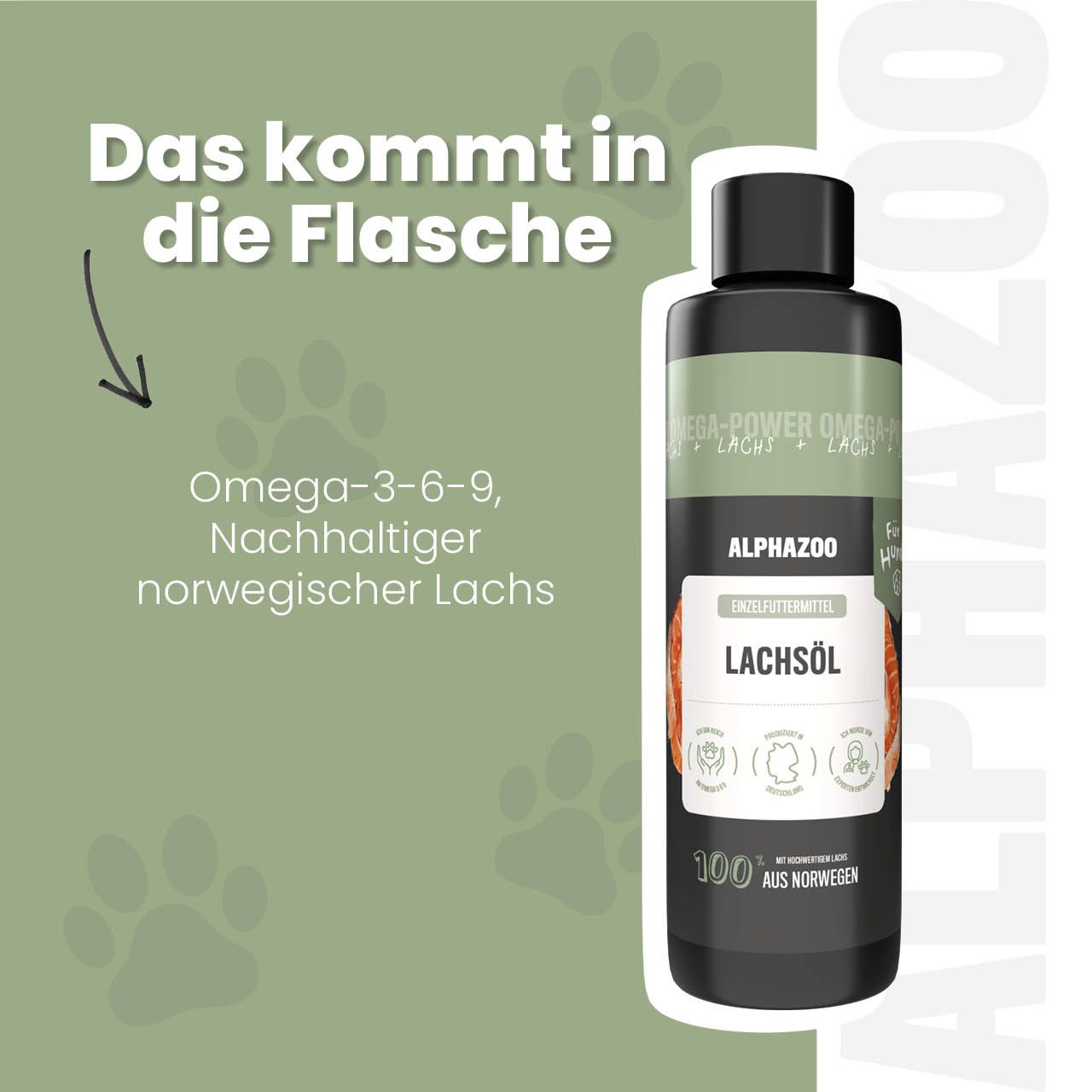 Flasche mit Etikett. Text: ALPHAZOO Lachsöl. Pfeil zeigt auf die Flasche. Text: Omega-3-6-9, nachhaltiger norwegischer Lachs.