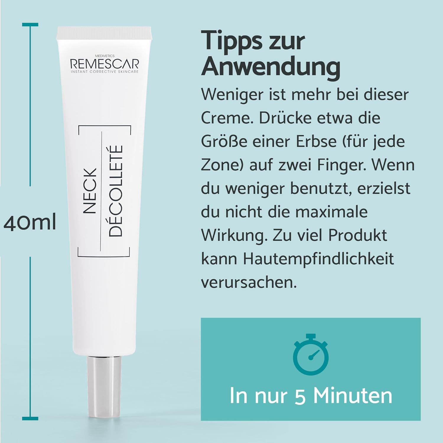 Tube mit Text. Text: Tipps zur Anwendung, 40ml, In nur 5 Minuten.