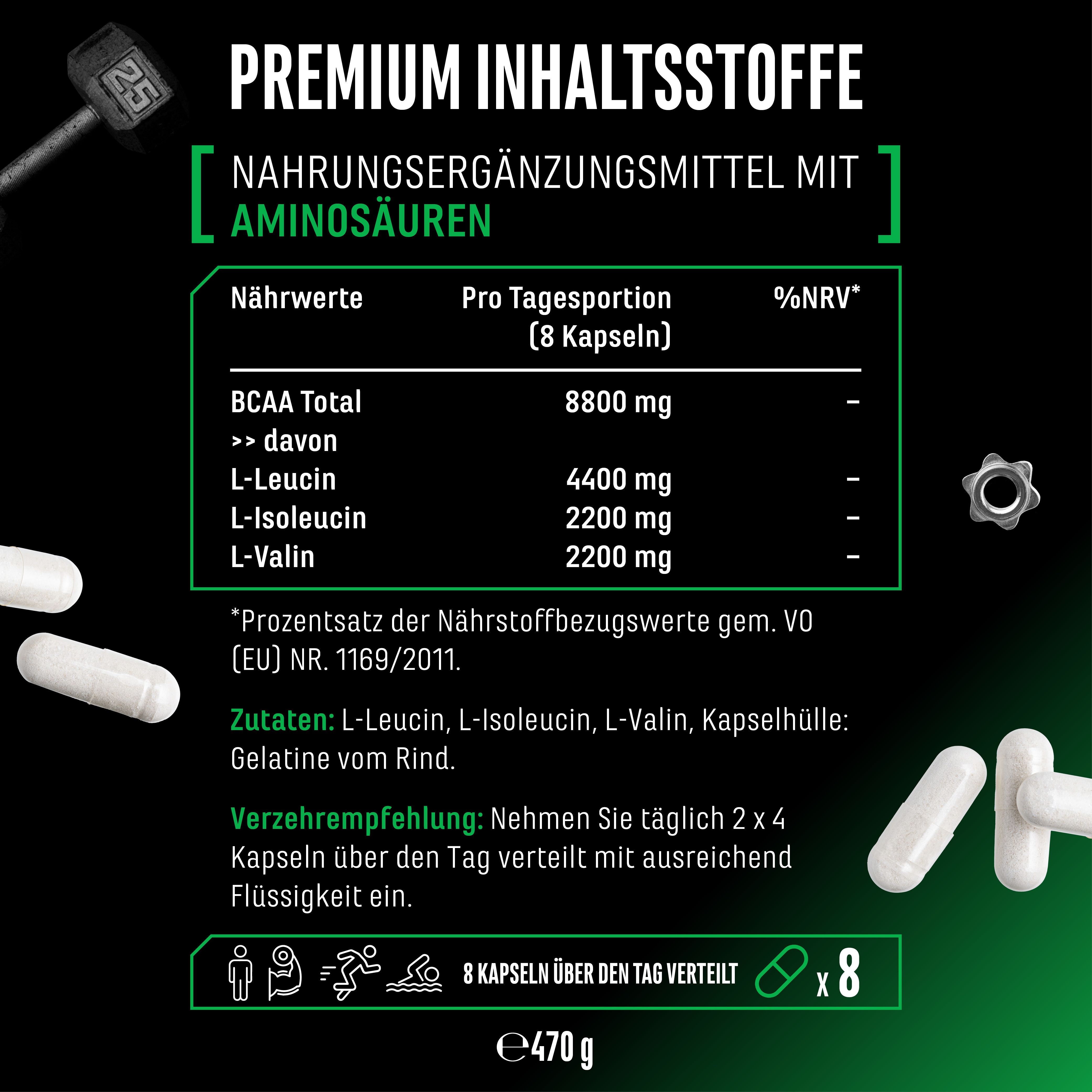 Nahrungsergänzungsmittel mit Aminosäuren. Pro Tagesportion (8 Kapseln): 8800 mg BCAA Total. Zutaten, Verzehrempfehlung, 8 Kapseln.