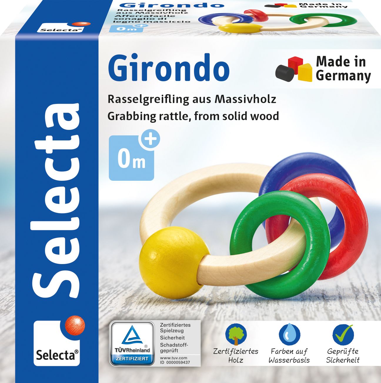 Verpackung des Babywelt Girondo. Rassel mit farbigen Ringen und gelber Kugel. Made in Germany.