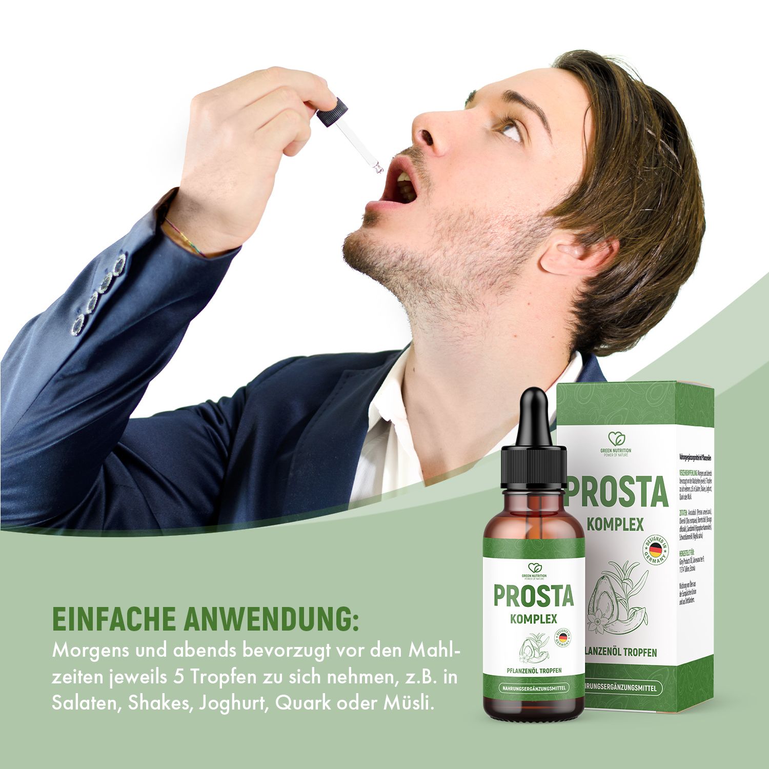 Mann nimmt Tropfen aus einer Flasche Prosta Komplex. Flasche und Verpackung sind sichtbar. Einfache Anwendung.