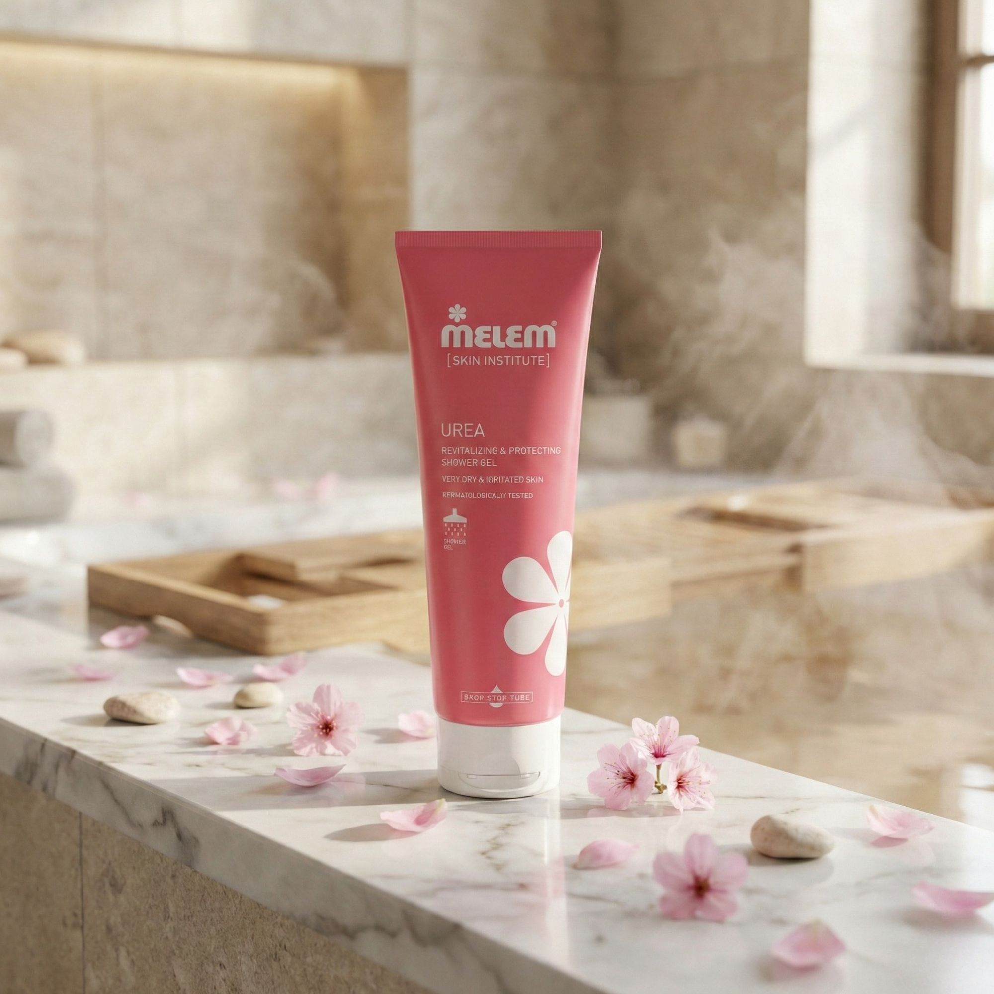Rosa Tube mit weißem Deckel. Aufschrift: Melem, Urea. Blüte-Dekor. Liegt auf einer Marmoroberfläche mit Blütenblättern und Steinen.
