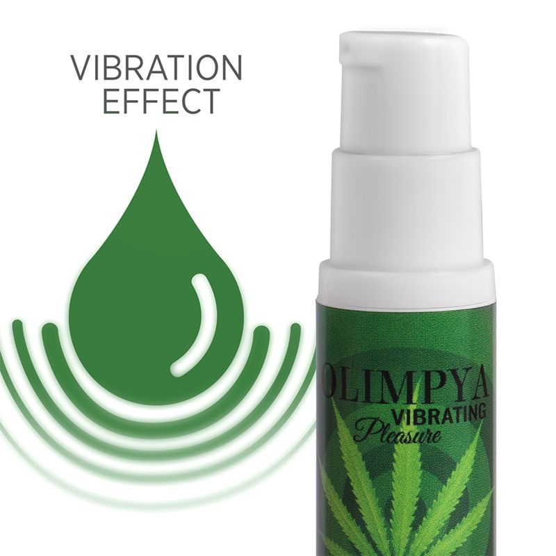 Nahaufnahme der Flasche. Aufschrift: Olimpya, Vibrating Pleasure. Grüner Tropfen mit Wellen, Text: Vibration Effect.