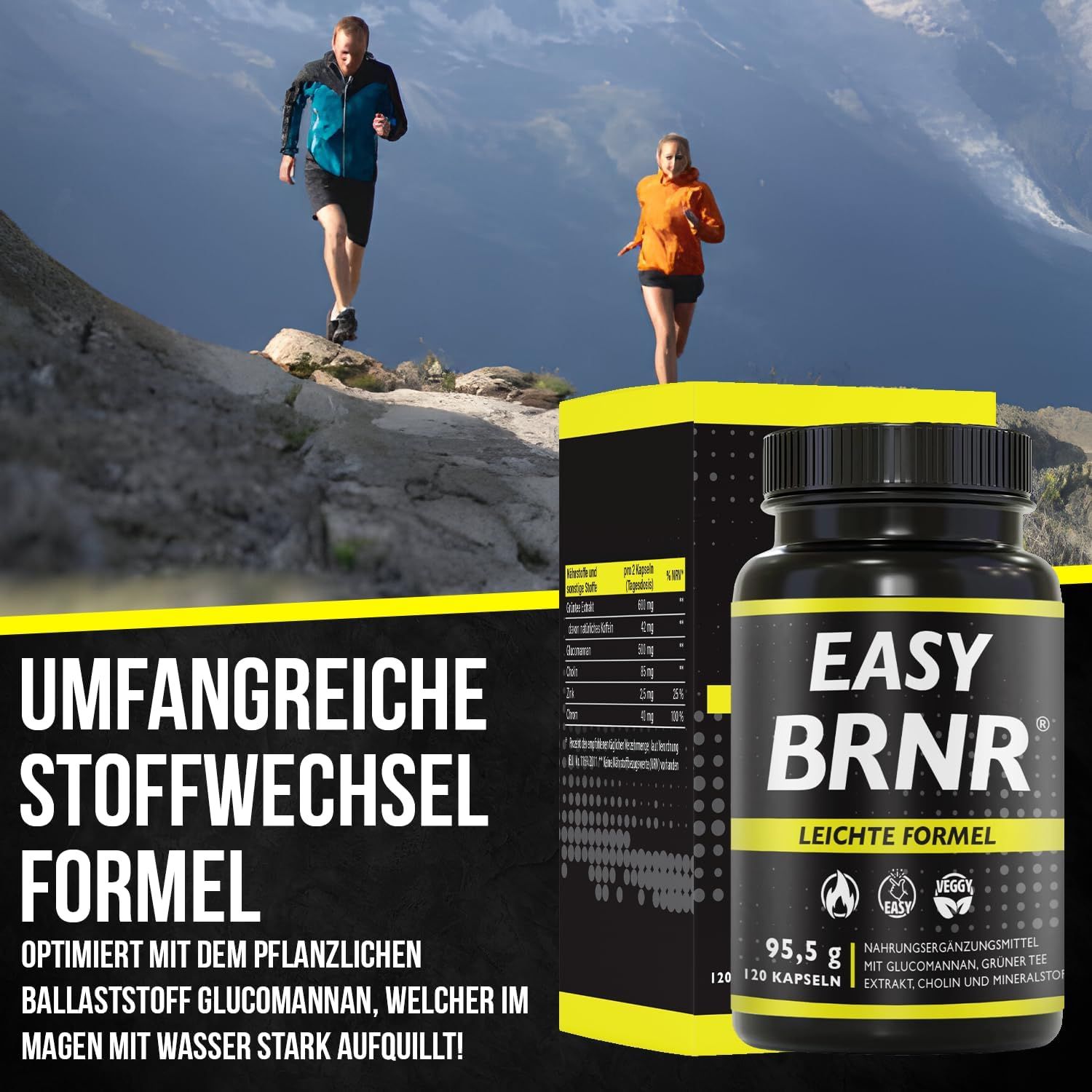 Produktflasche mit gelbem Etikett. Aufschrift: EASY BRNR, Leichte Formel. Zwei Personen joggen auf einem Berg. Text: Stoffwechsel Formel.