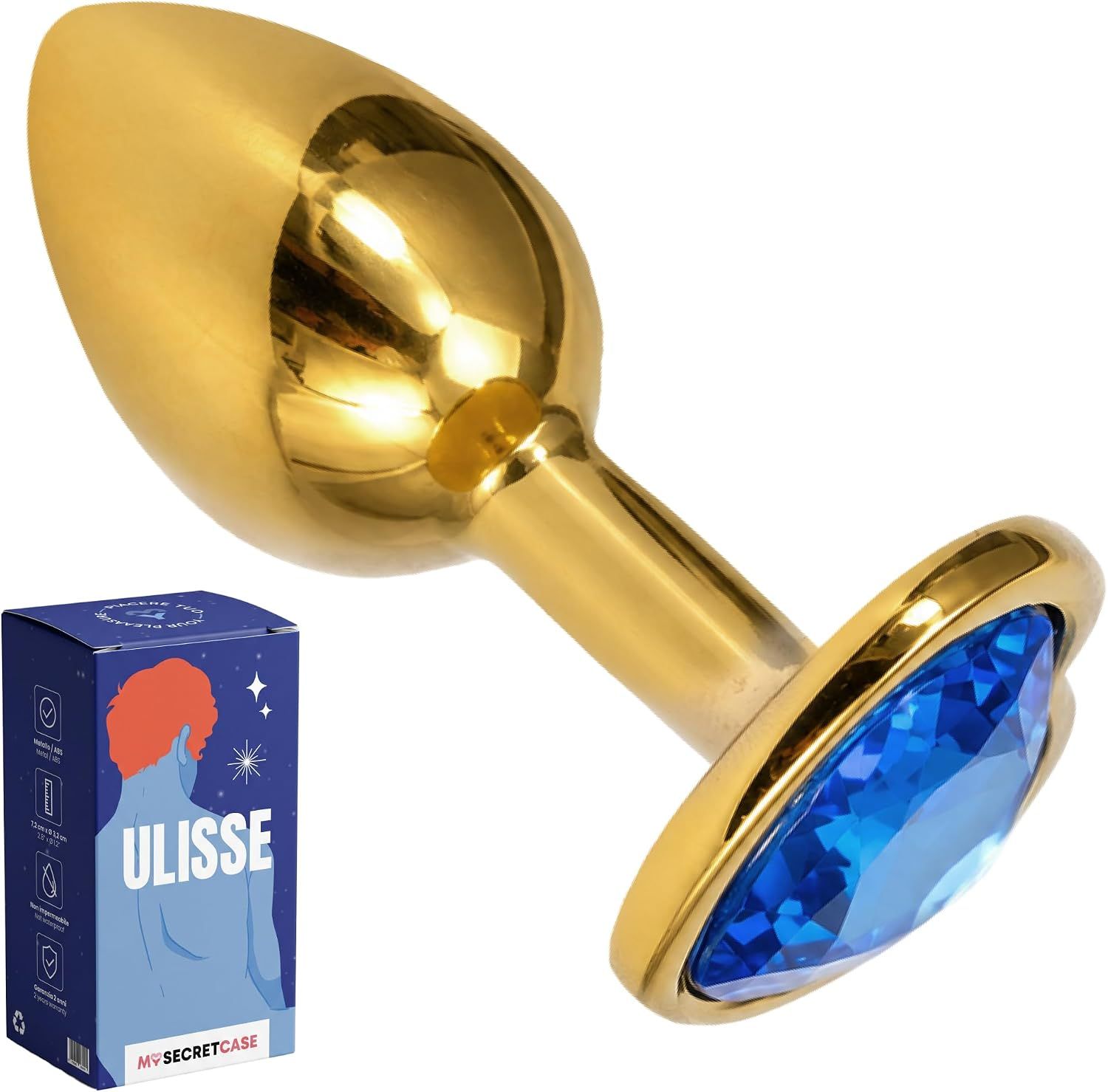 Goldener Butt Plug mit Herz-Basis und blauem Kristall.
