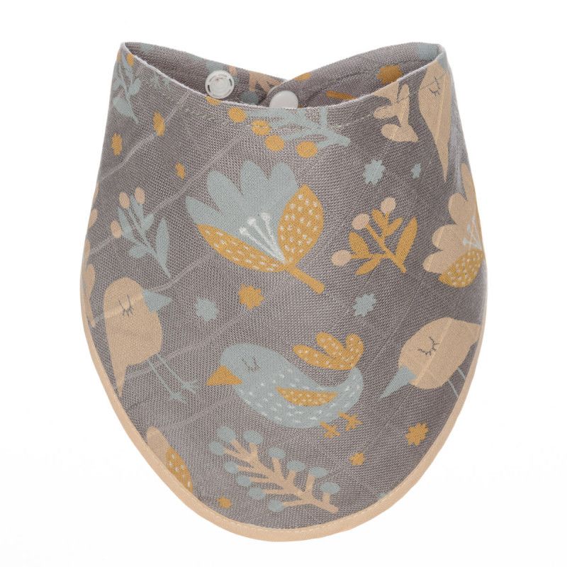 Grauer Baby-Lätzchen mit Vogel- und Blumenmuster. Druckknöpfe oben.