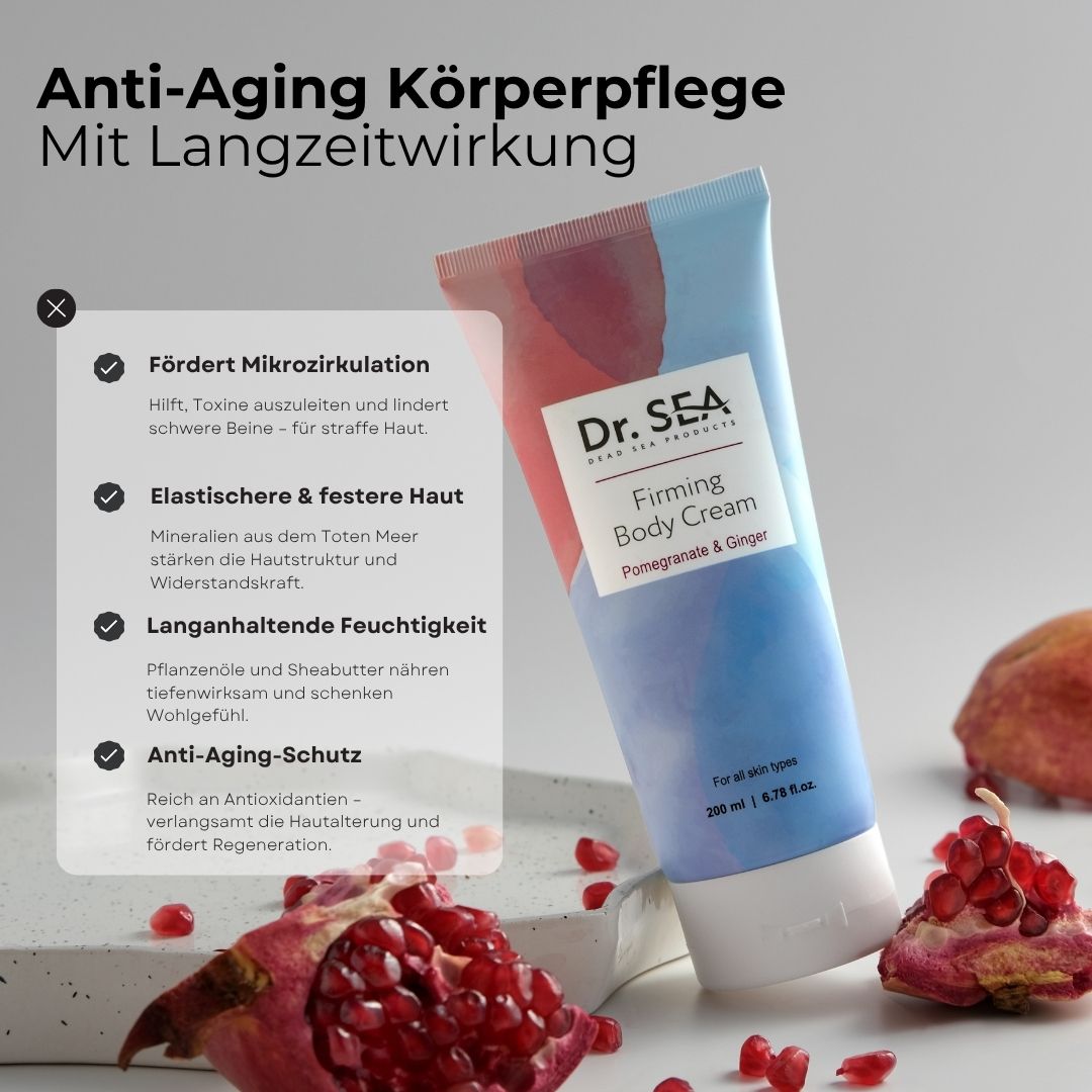 Körpercreme-Tube mit Text und Granatapfel. Text: Dr. SEA, Firming Body Cream, Granatapfel & Ingwer. Vorteile.