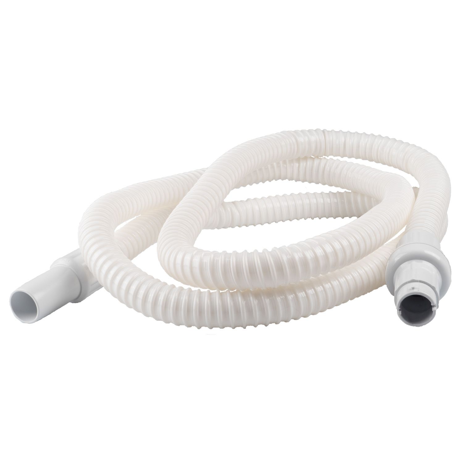 Weißer, geriffelter Ersatzschlauch mit Anschlüssen. Flexibles Material. Gezeigt in einer Nahaufnahme.