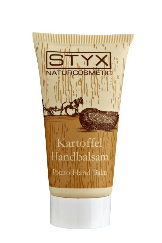 Beige Tube mit STYX-Logo und Kartoffel Handbalsam-Aufschrift. Produktname und englische Übersetzung sichtbar.