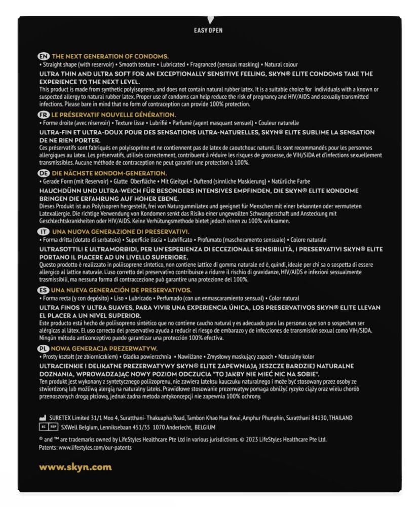 Text auf schwarzem Hintergrund. Beschreibt die nächste Generation von Kondomen. Enthält Informationen zu Material und Eigenschaften.