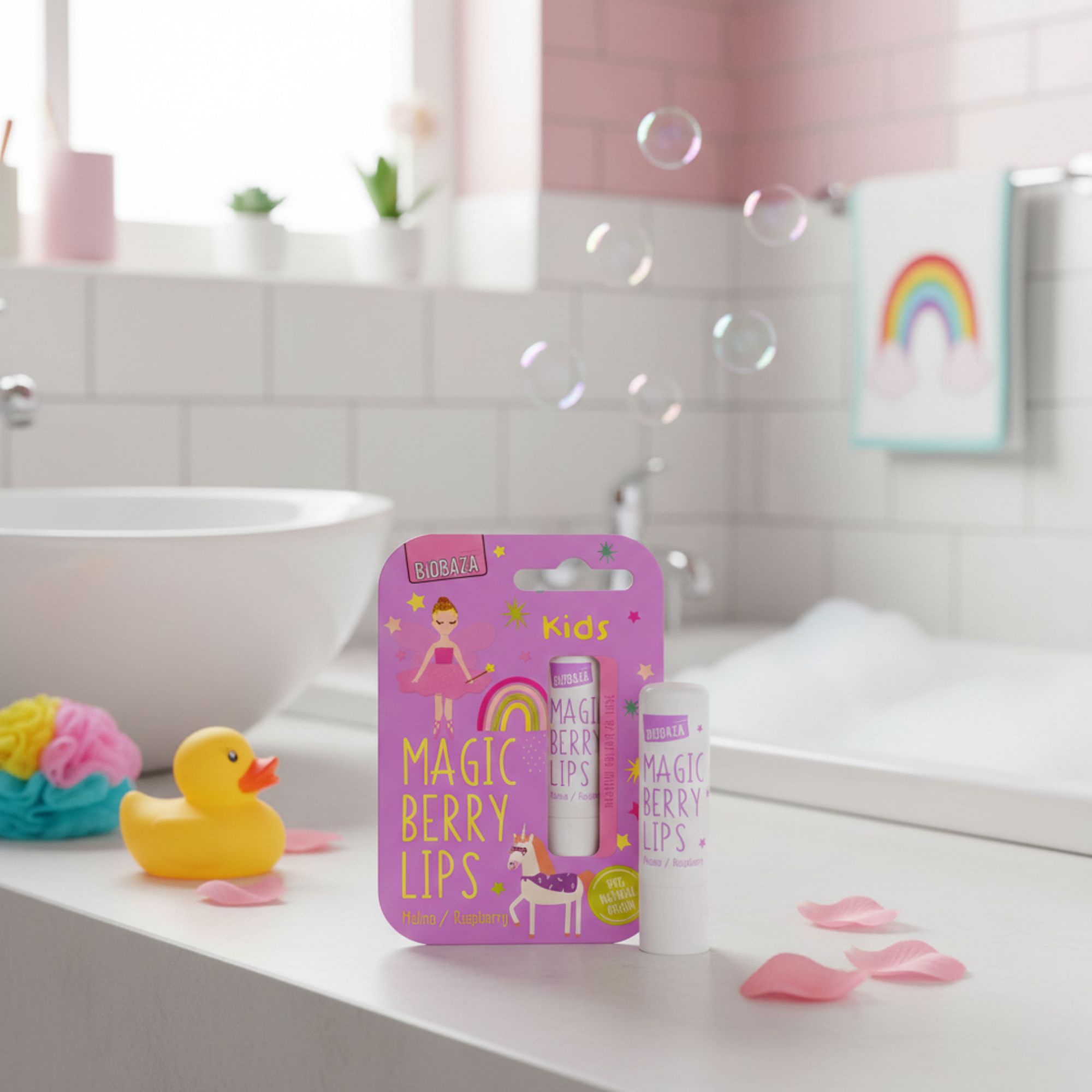 Verpackung und Lippenbalsam auf einer Oberfläche. Aufschrift: Magic Berry Lips. Hintergrund: Bad mit Badewanne, Seifenblasen und Badeente.