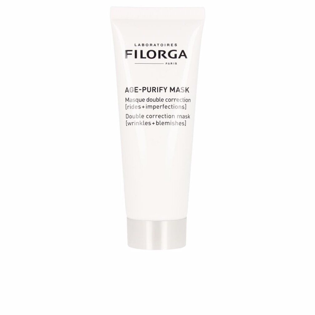 Weiße Tube mit silbernem Boden. Aufschrift: FILORGA, AGE-PURIFY MASK. Doppelkorrektur Maske für Falten und Hautunreinheiten.