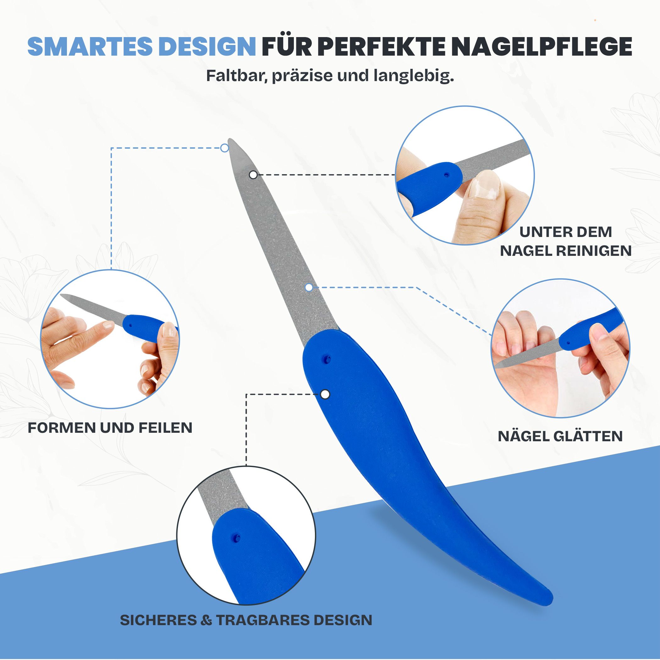 Blaue, klappbare Nagelfeile mit Erläuterungen zu Funktionen wie Formen, Glätten und Reinigen.