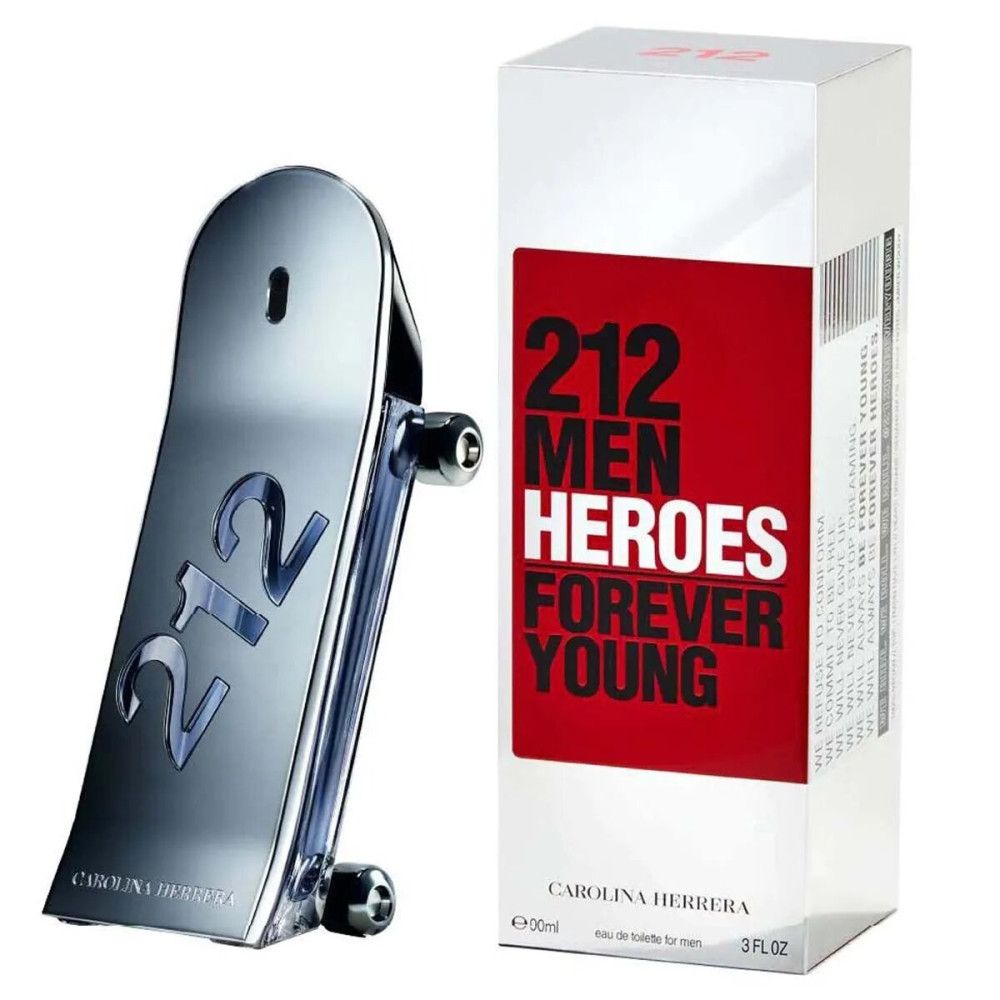 Flakon in Skateboard-Form und Verpackung. Aufschrift: 212 Men Heroes Forever Young. Marke: Carolina Herrera.