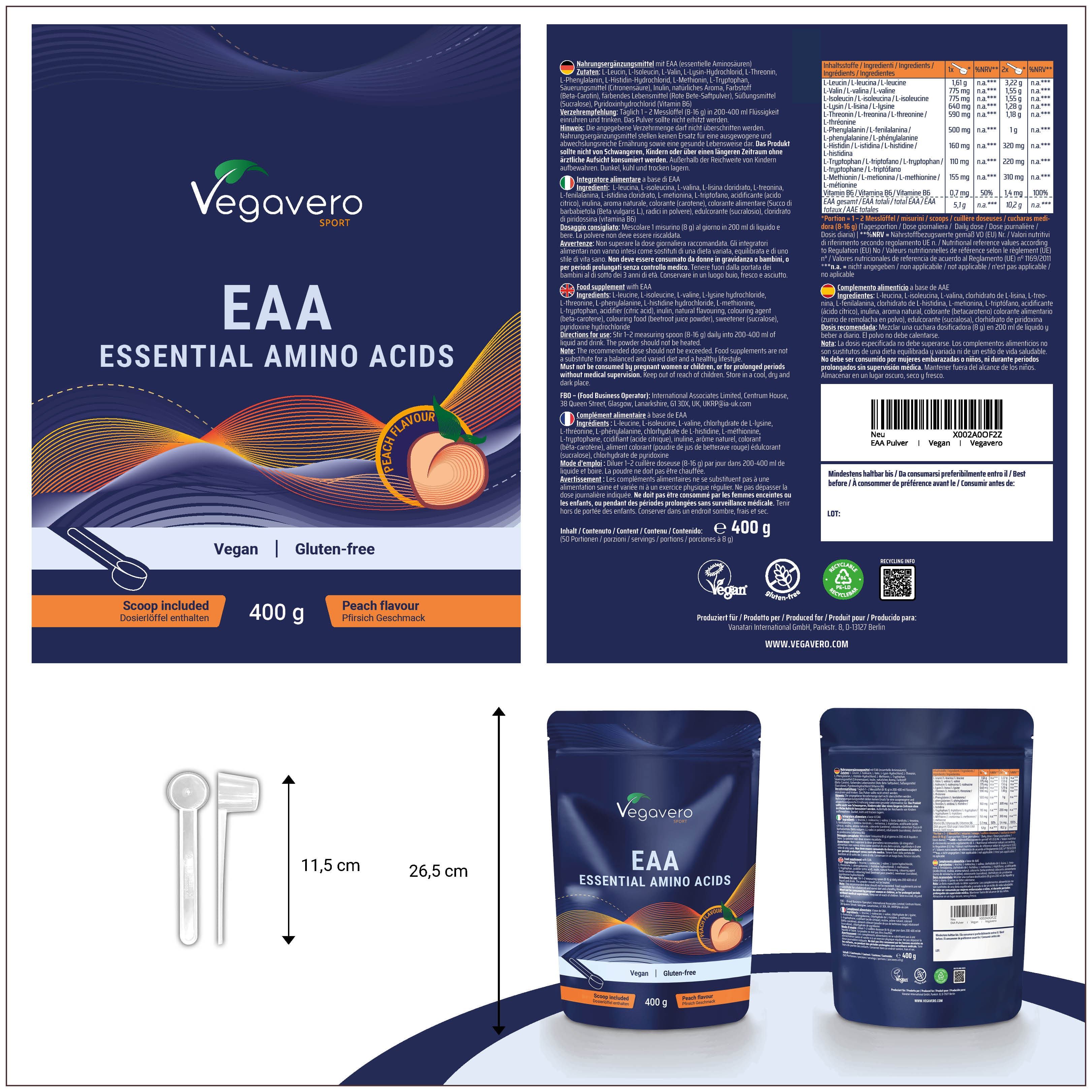 Produktverpackung mit Produktinformationen. Enthält EAA Essential Amino Acids, Vegan, Gluten-frei, Pfirsich-Geschmack. Inklusive Messlöffel. Maße.