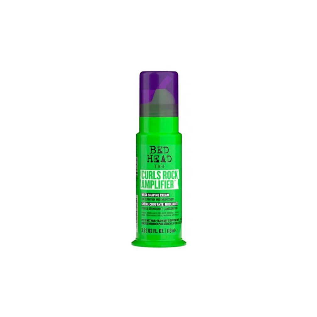 Grüne Flasche mit lila Deckel. Aufschrift: Bed Head TIGI Curls Rock Amplifier. Mega Shaping Cream. 3.82 US fl. oz. / 113ml.