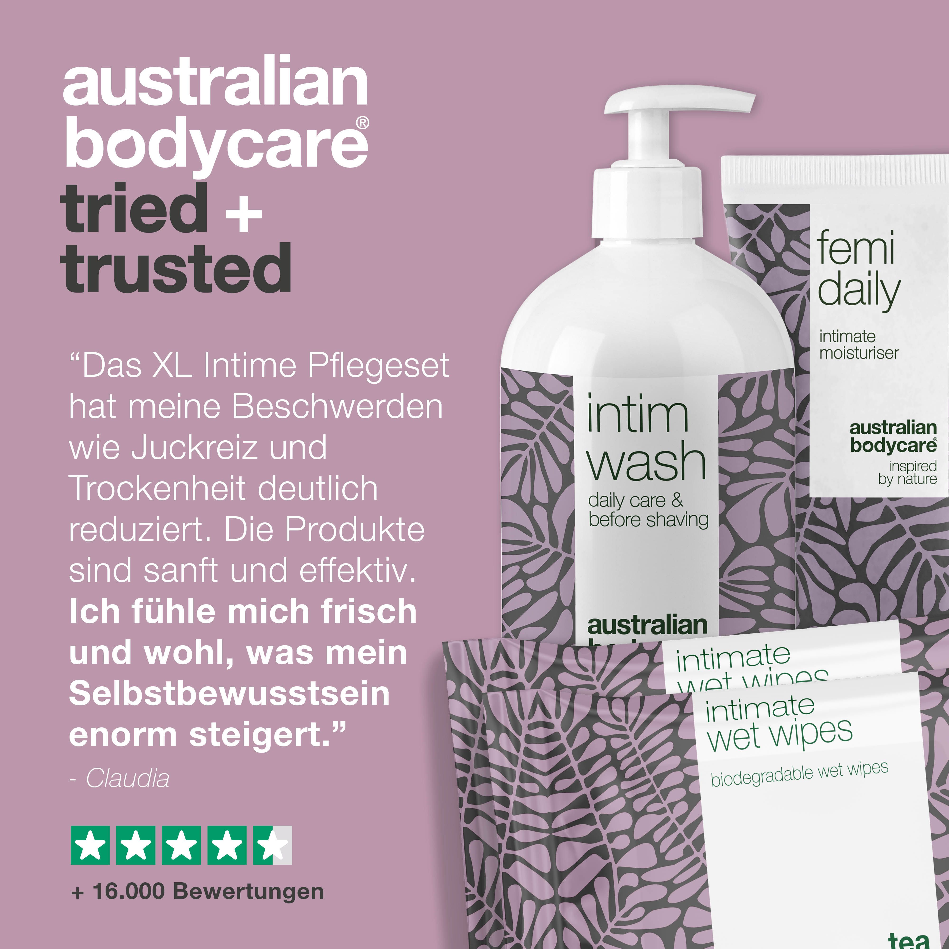 Grafik: Australian Bodycare, bewährt und vertraut. Produkte der Intimpflege. Text und Sterne.