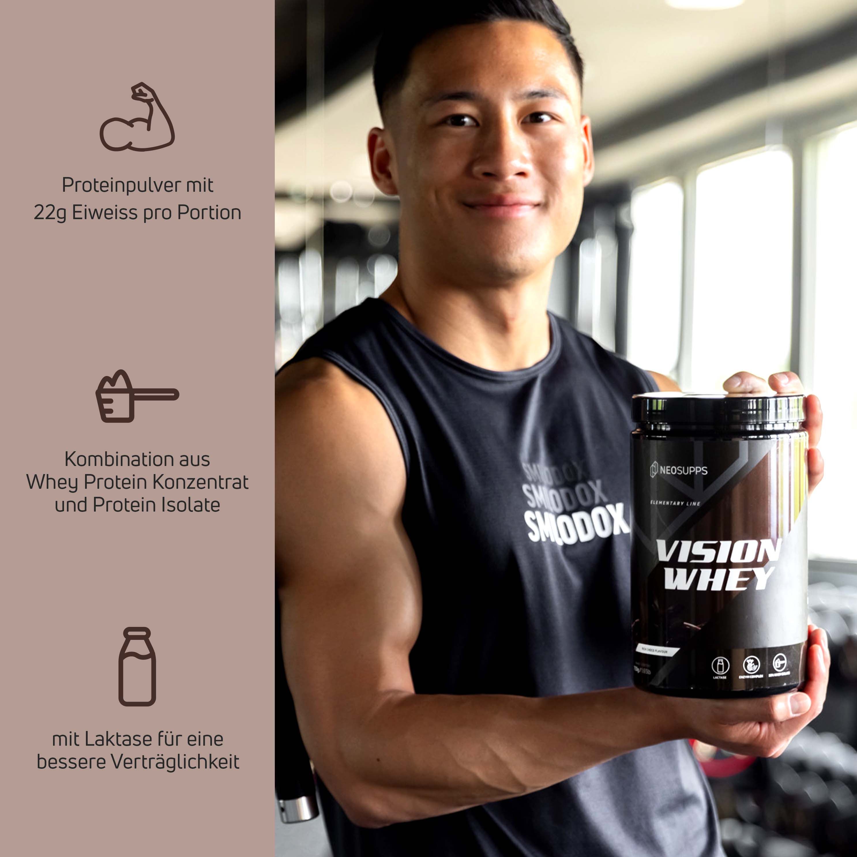 Mann hält Dose Vision Whey. Auf der Dose steht: 22g Eiweiß pro Portion, Kombination aus Whey Protein Konzentrat und Protein Isolat, mit Laktase.