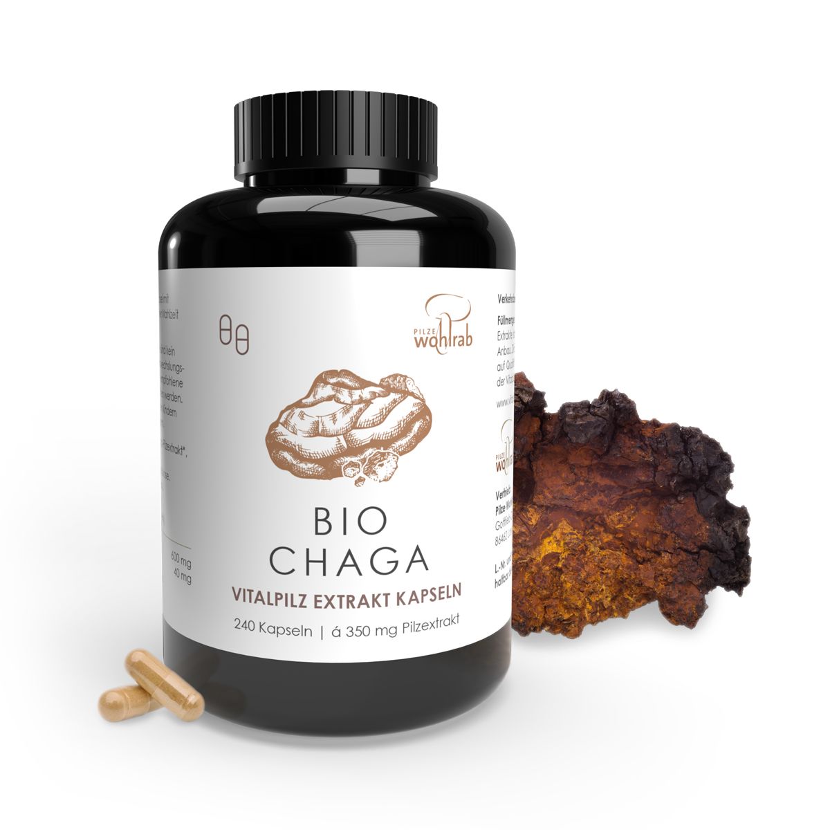 Schwarze Dose mit BIO CHAGA Vitalpilz Extrakt Kapseln, daneben zwei Kapseln.