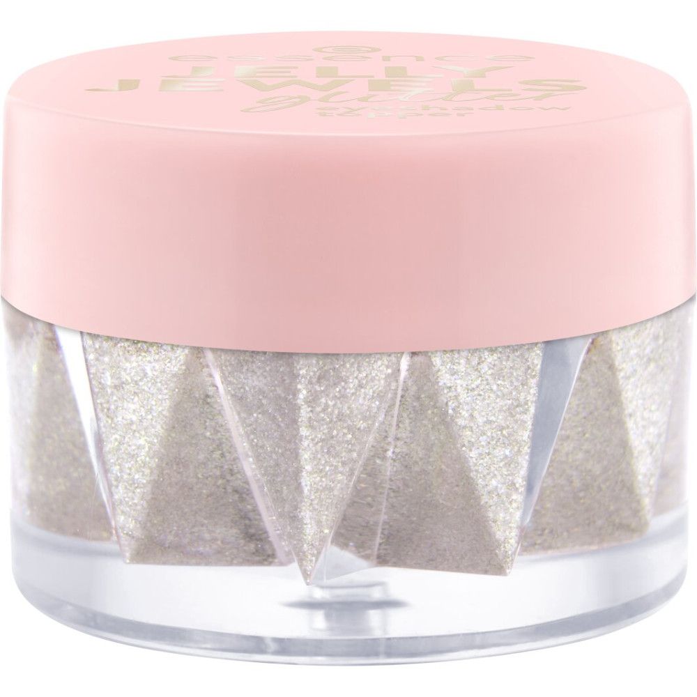 Essence Jelly Jewels Glitter Lidschatten-Topper in einem transparenten Glas mit rosa Deckel. Der Deckel ist geschlossen.
