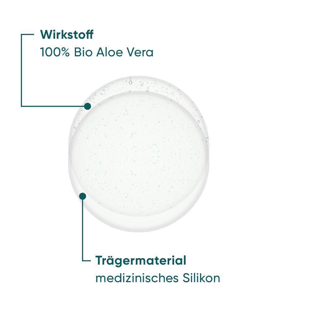 Kreisförmiges Pad. Text: Wirkstoff 100% Bio Aloe Vera. Trägermaterial medizinisches Silikon.