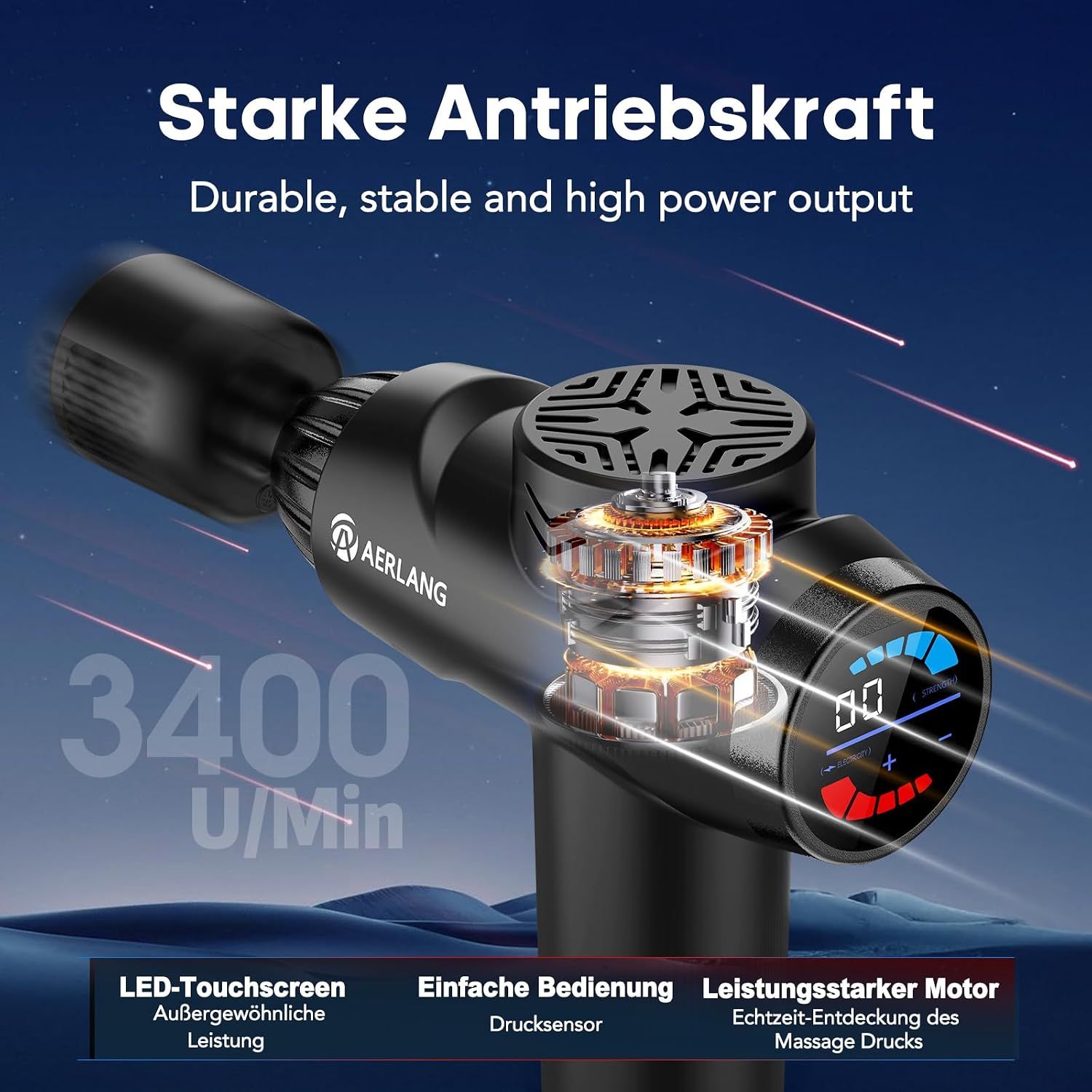Detailansicht einer Massagepistole mit Anzeige von 3400 U/Min und LED-Touchscreen.