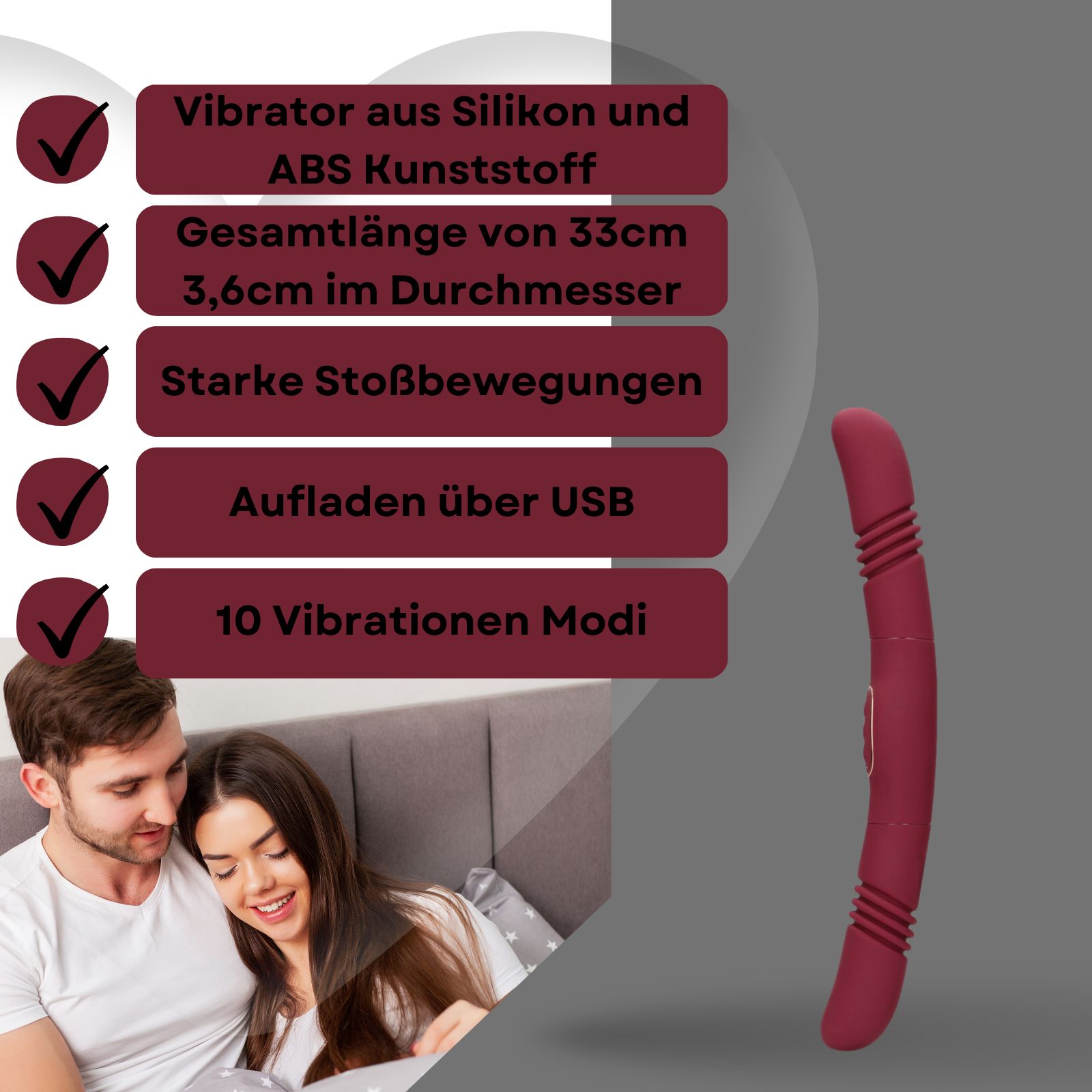 Burgunderfarbener Vibrator. Text: Vibrator aus Silikon und ABS, 33cm lang, 3,6cm Durchmesser, USB-Aufladung, 10 Modi.