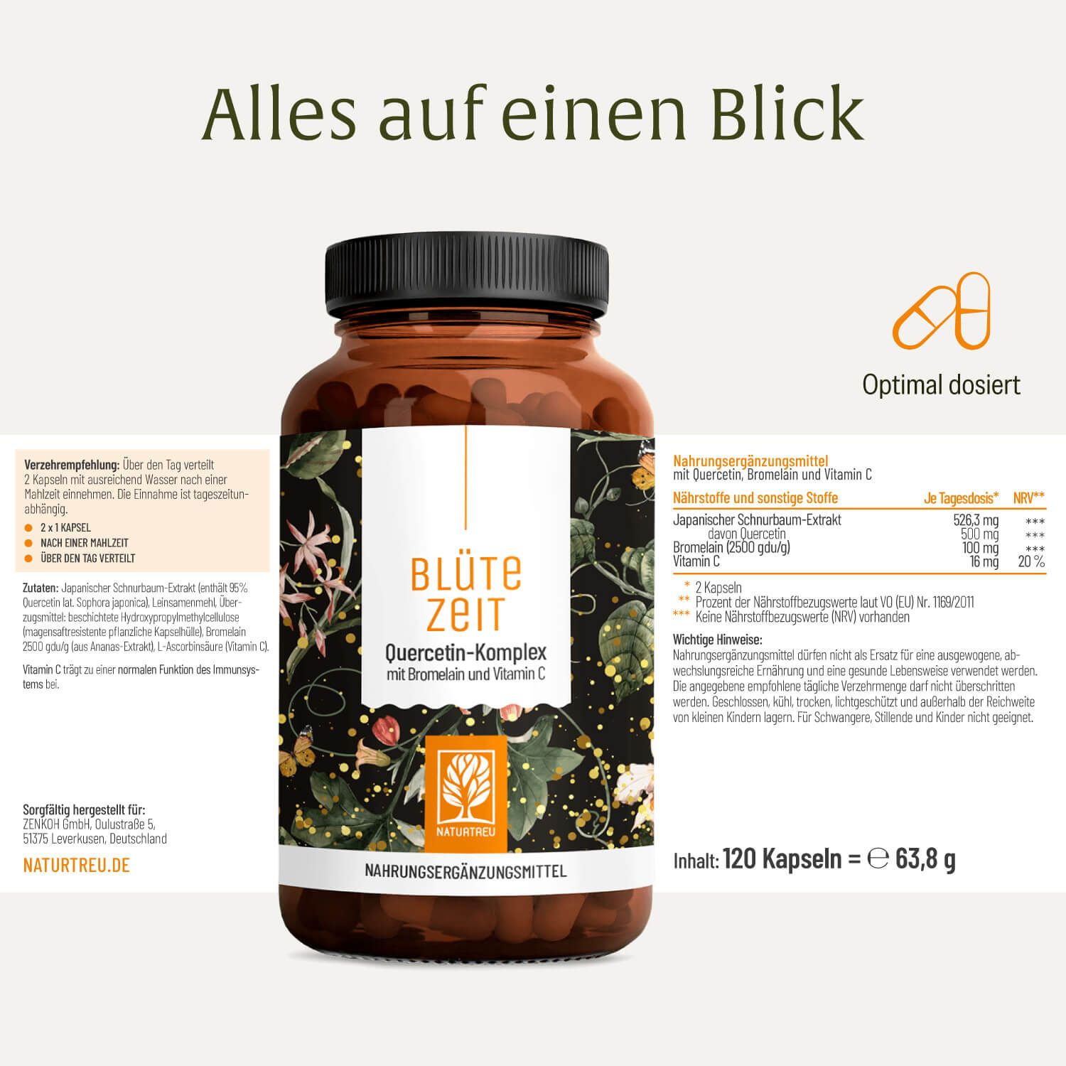 NATURTREU 'Blüte Zeit' Flasche mit Detailinformationen und Nährwertangaben.