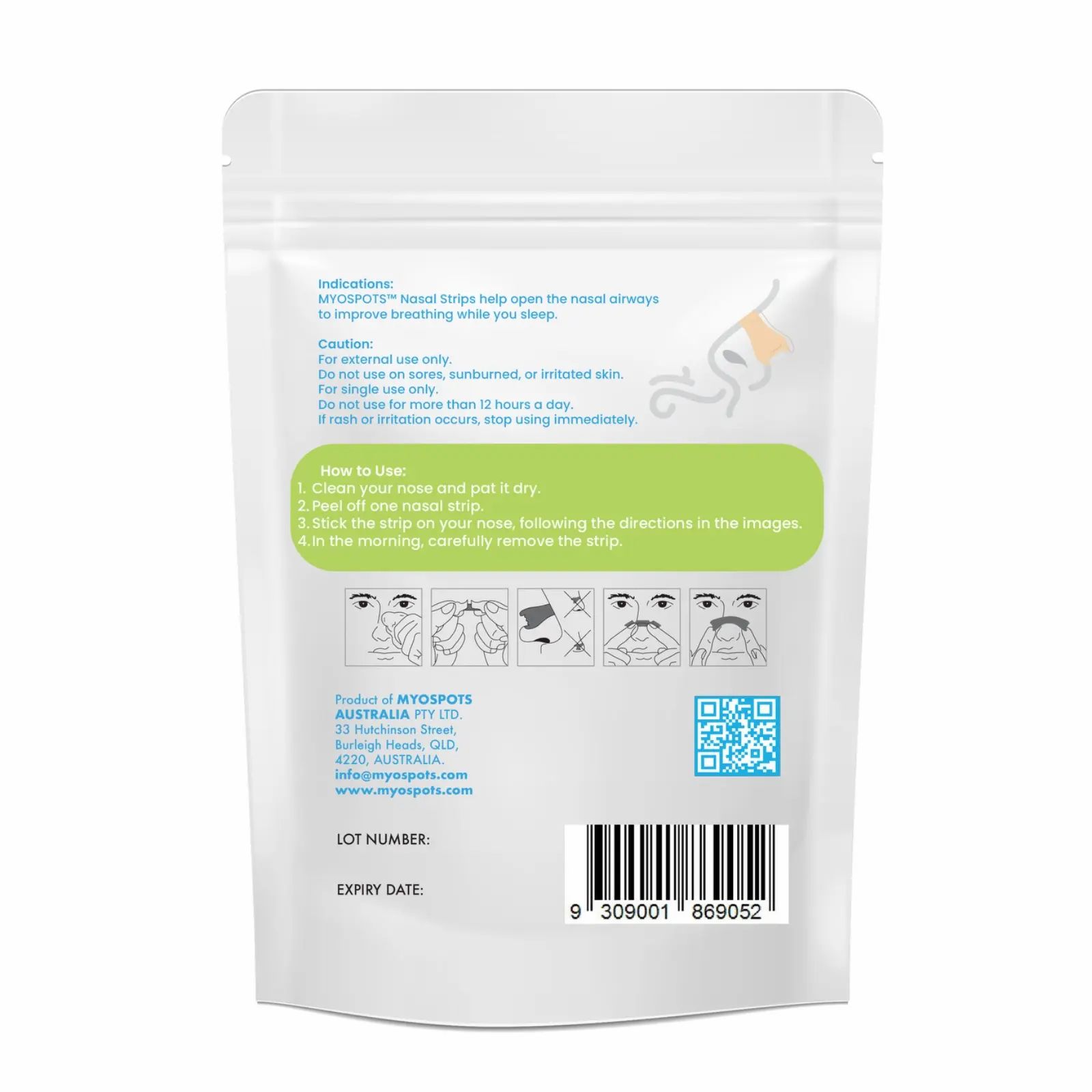 Verpackung von Nasenpflastern. Weiße Tüte mit Text und Illustrationen. Barcode und QR-Code unten.
