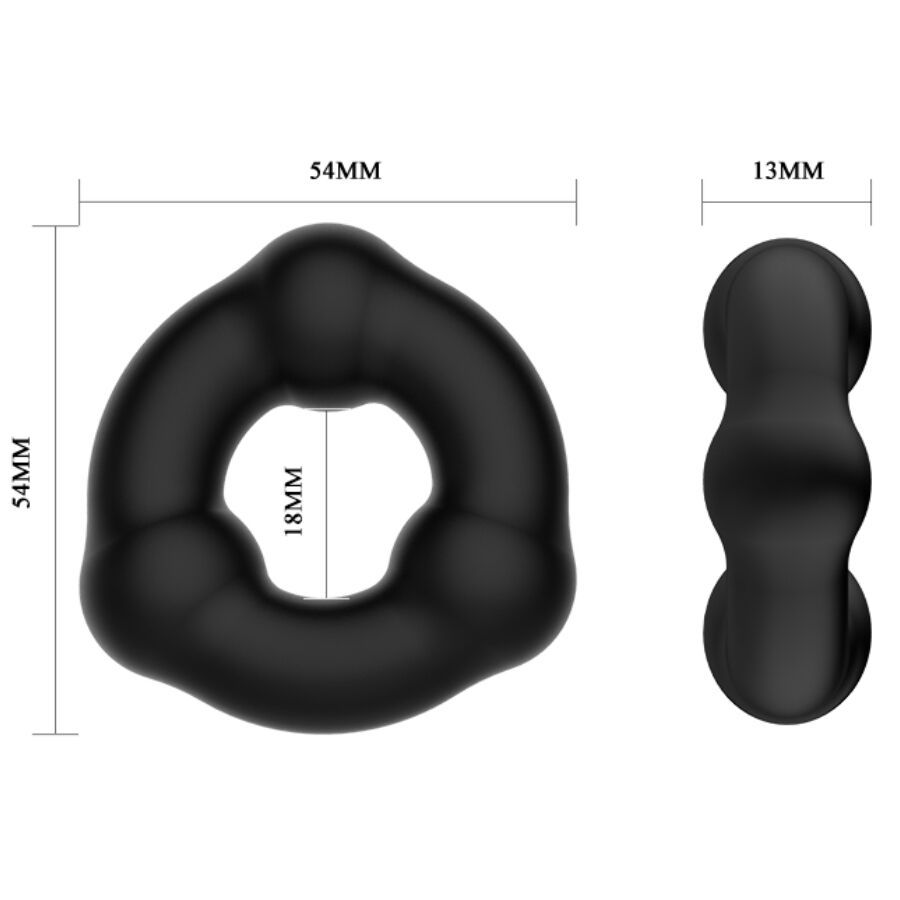 Schwarzer Penisring und Stimulationsstück. Maße: 54mm Durchmesser, 18mm Öffnung, 13mm breit.