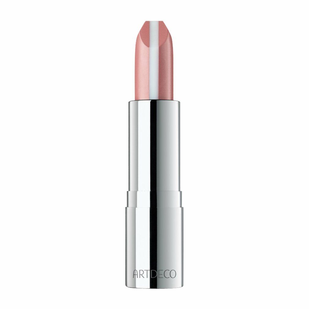 Artdeco Hydra Care Lippenstift. Silberfarbene Hülse, rosa Lippenstift mit weißem Streifen. Marke am Boden der Hülse.