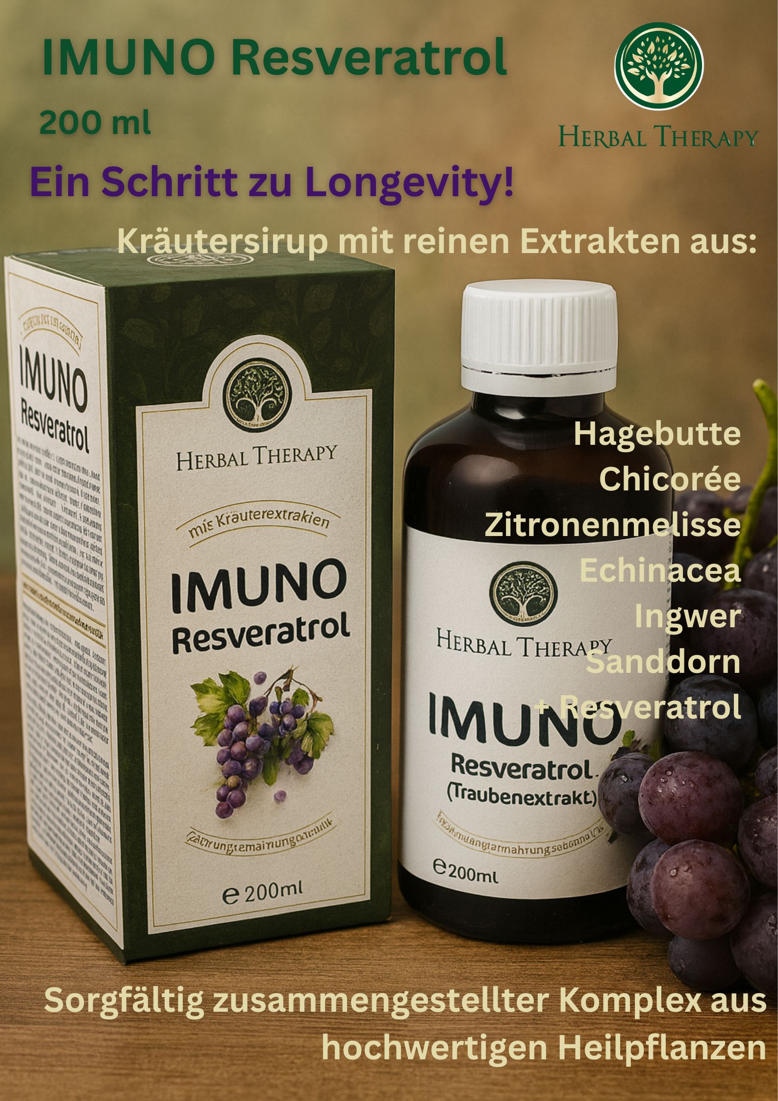 Werbebild. Flasche und Schachtel. Text: IMUNO Resveratrol, Herbal Therapy. Kräutersirup mit Extrakten.