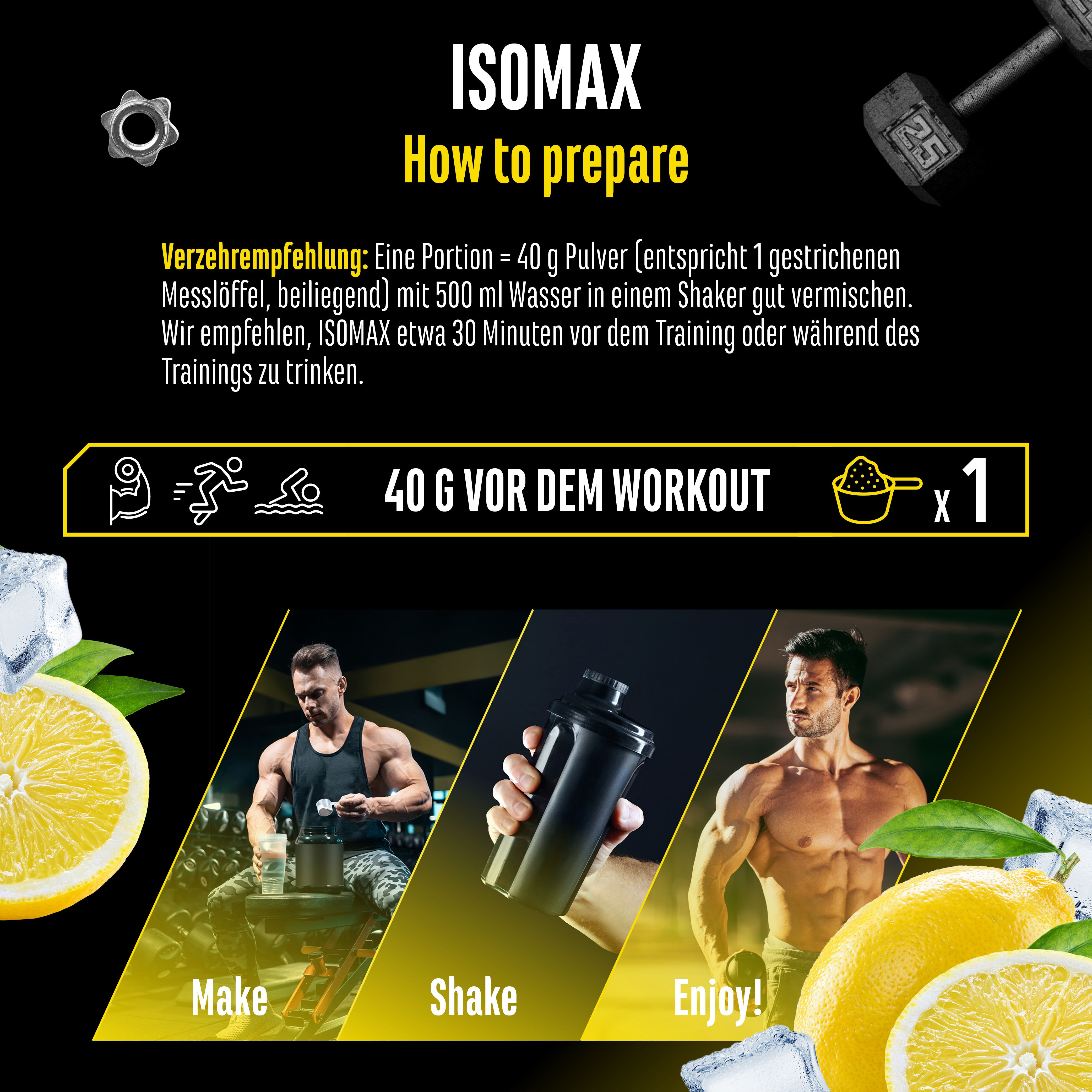 Werbebild mit Anweisungen zur Zubereitung von Isomax. Text: 40 g vor dem Workout, Make, Shake, Enjoy! Bilder von Mann beim Training, Shaker, Mann trinkt.